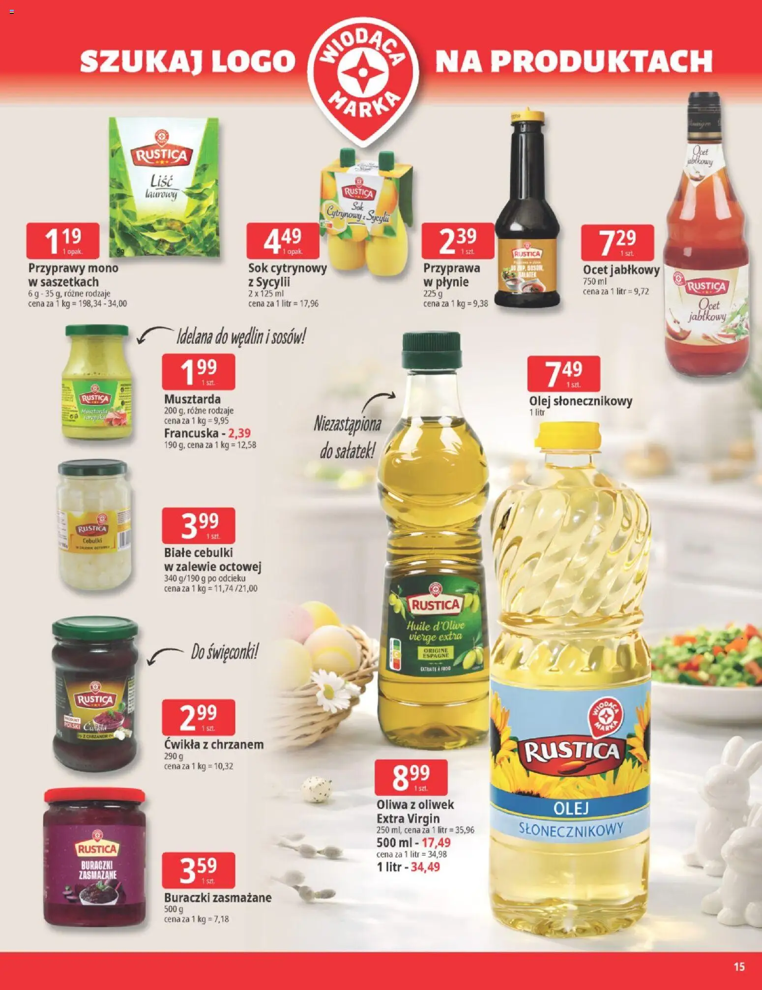 E.Leclerc gazetka - Wielkanoc od 24.03.2026 | Strona: 15 | Produkty: Olej słonecznikowy, Oliwa z oliwek, Musztarda, Sok
