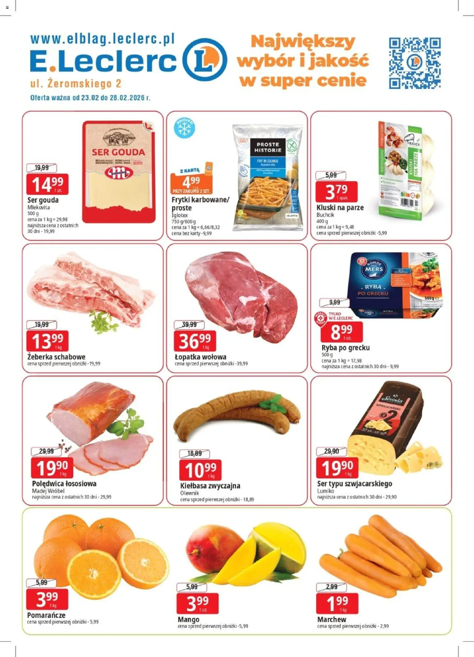 E.Leclerc Gazetka - Elbląg od 23.02.2026 | Strona: 1 | Produkty: Mango, Karta, Ryba, Ser gouda