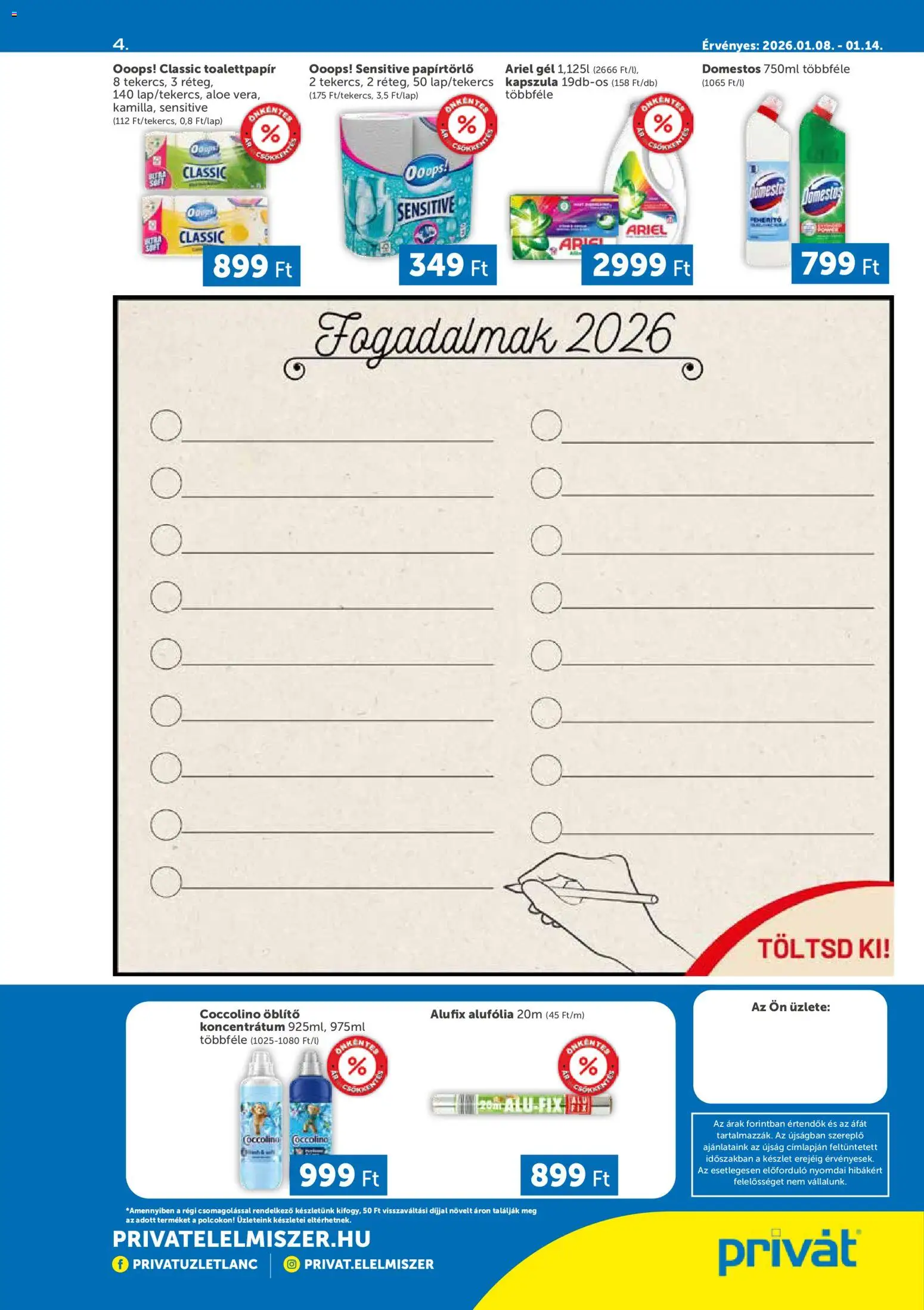 PRIVÁT akciós ujság - amely érvényes a következő dátumtól: 08.01.2026 | Oldal: 4 | Termékek: Ariel, Coccolino, Papírtörlő, Öblítő