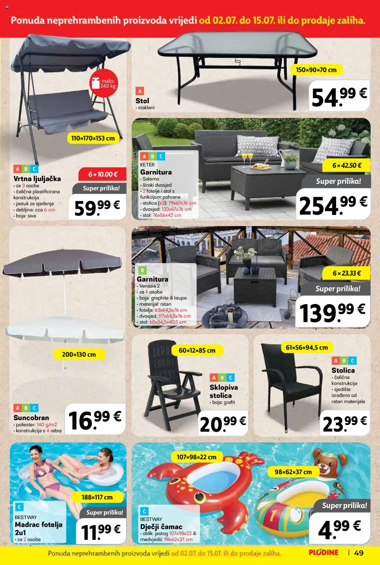 Plodine katalog | vrijedi od 02.07.2025 | Stranica: 49 | Proizvodi: Madrac, Jastuk, Fotelja, Suncobran