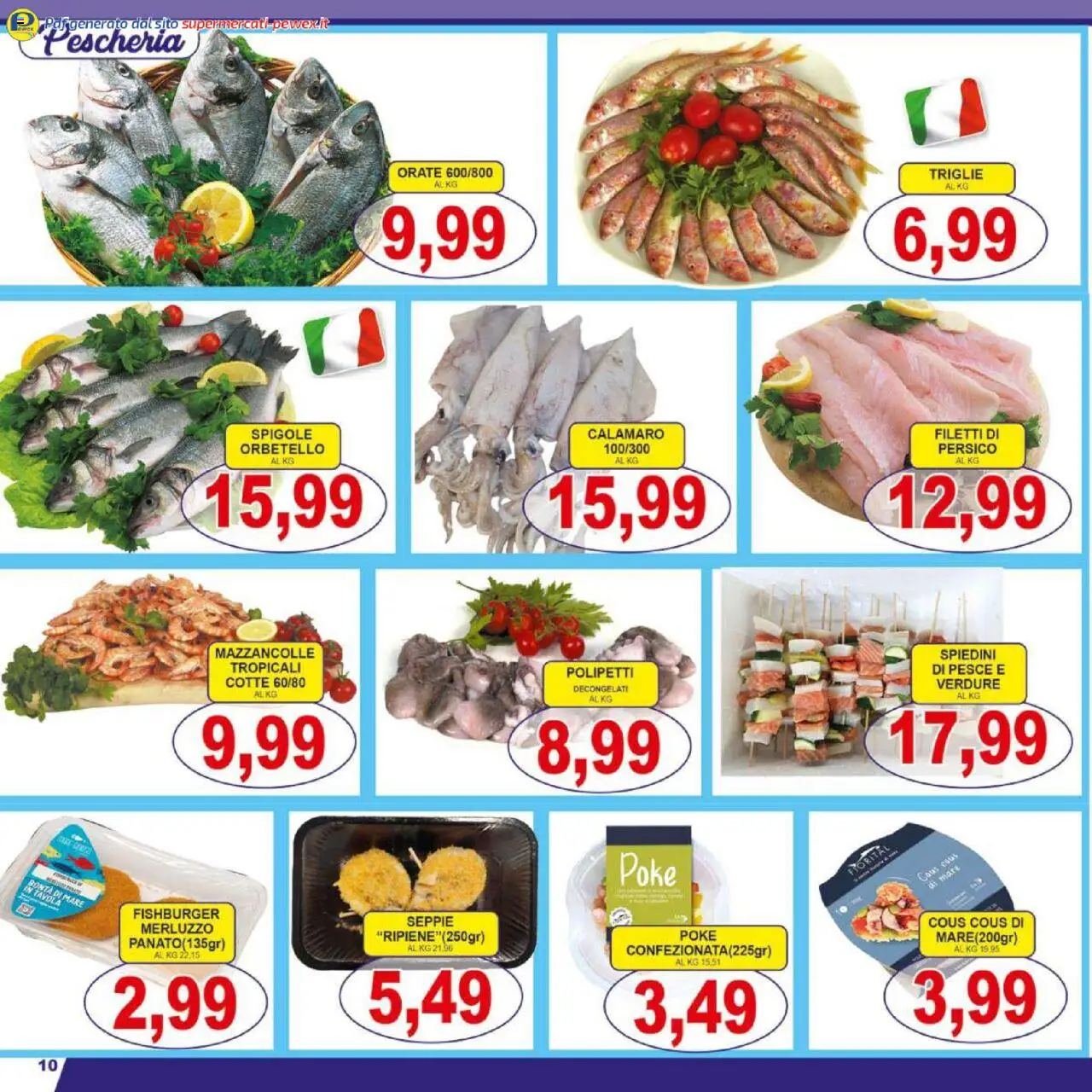 Volantino Pewex del 17.10.2025 | Pagina: 10 | Prodotti: Pesce, Merluzzo, Mazzancolle, Spiedini