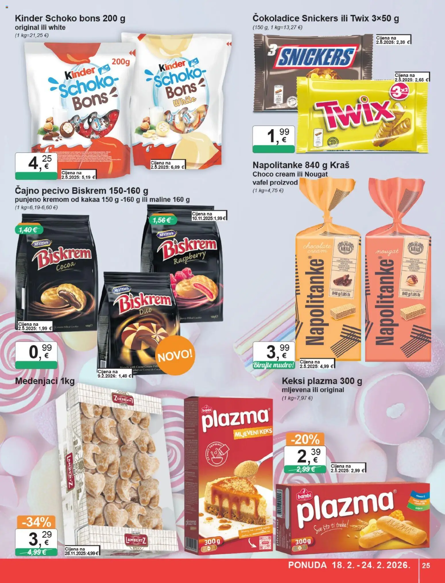 KTC katalog | vrijedi od 18.02.2026 | Stranica: 25 | Proizvodi: Snickers, Keksi, Maline, Pecivo