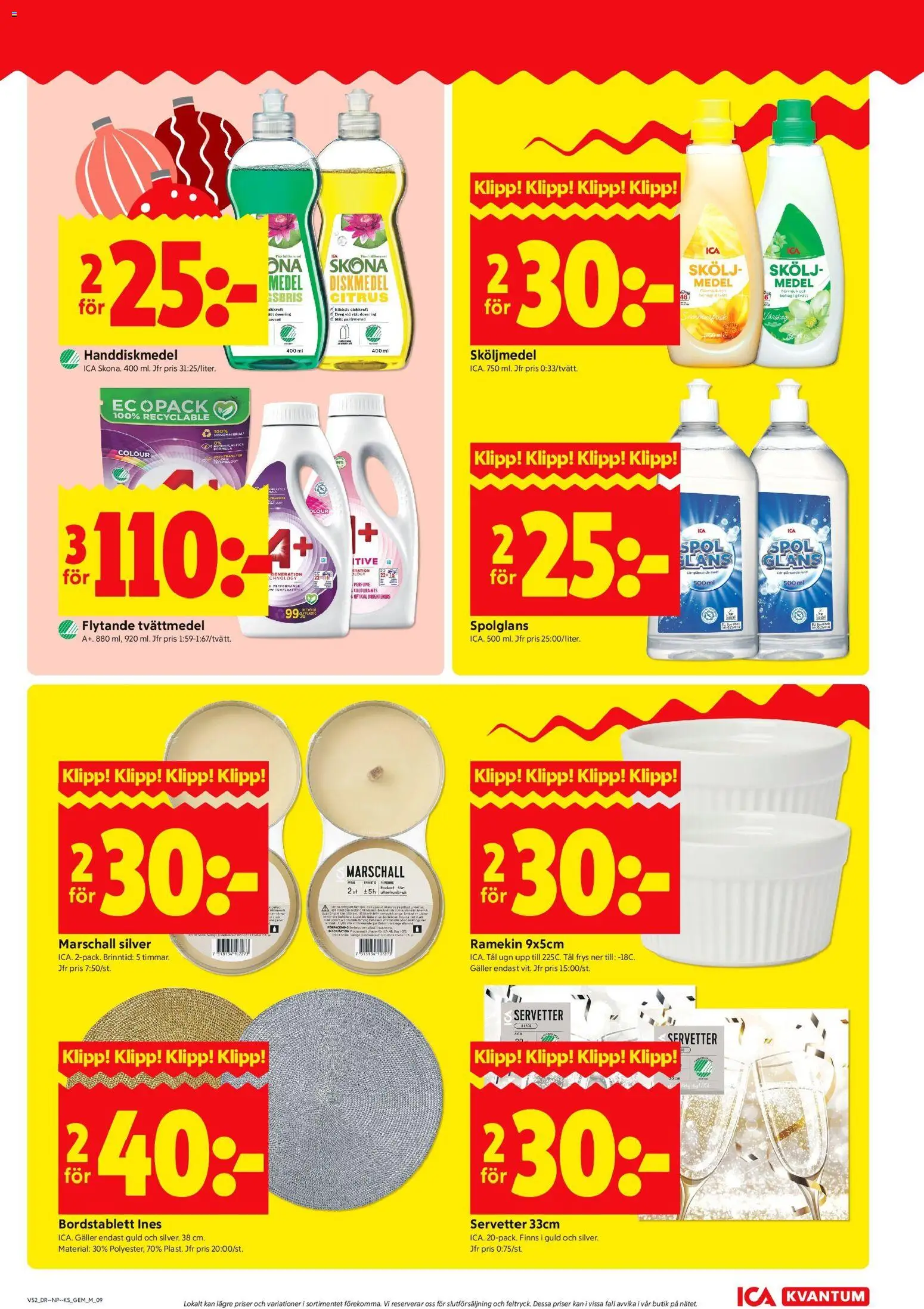 ICA Kvantum reklamblad aktuell från 22.12.2025 | Sida: 9 | Produkter: Bordstablett, Tvättmedel, Handdiskmedel, Servetter