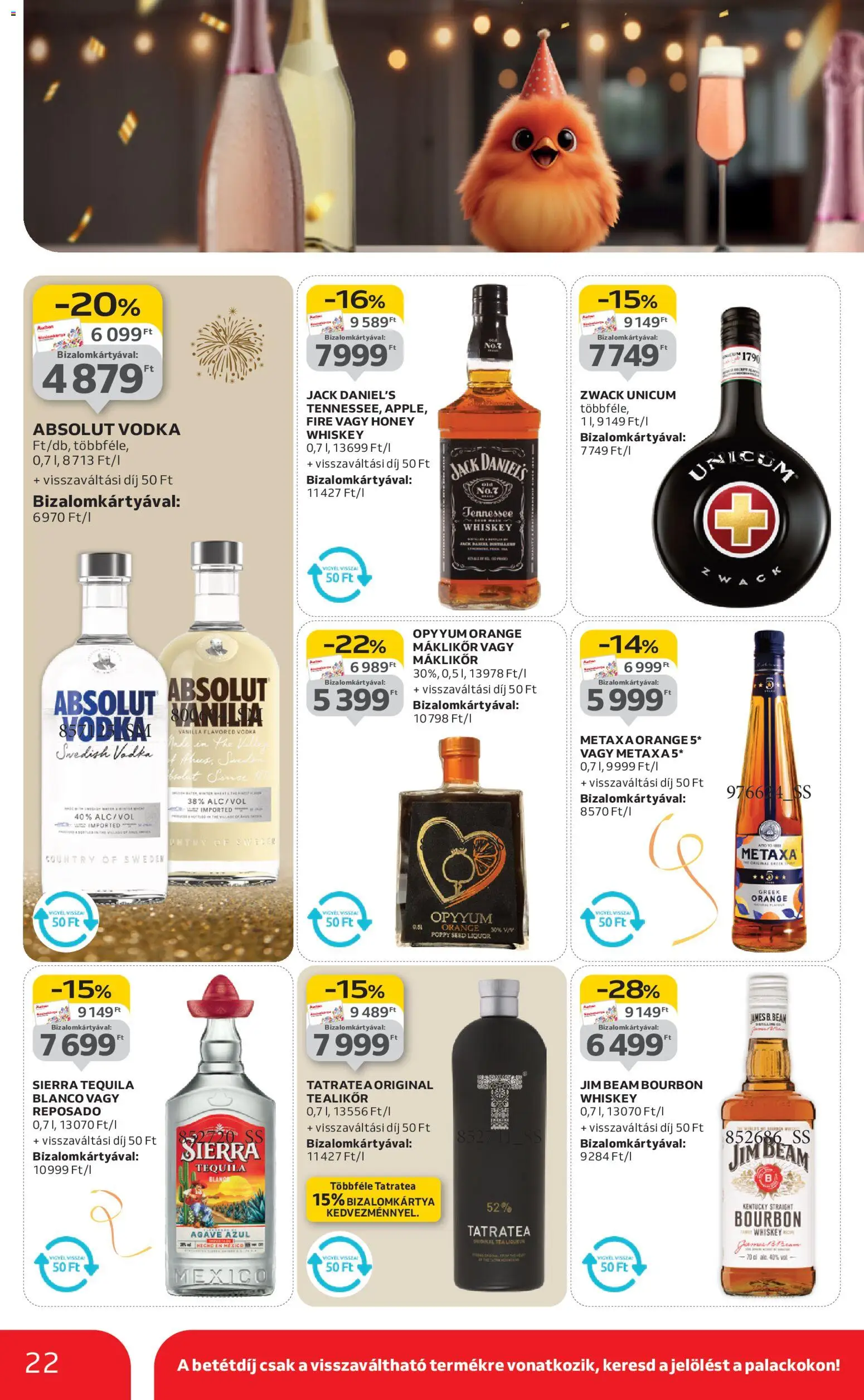 Auchan akciós ujság - amely érvényes a következő dátumtól: 27.12.2025 | Oldal: 22 | Termékek: Metaxa, Absolut vodka, Whiskey, Vodka
