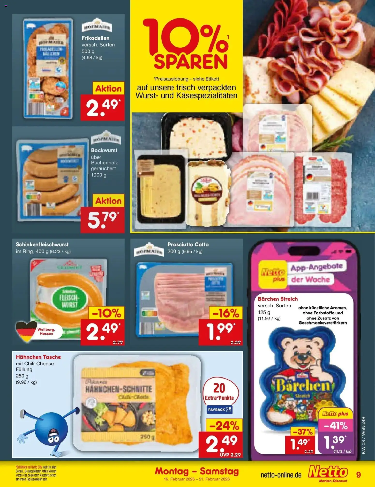 Netto Marken-Discount prospekt Friedrichsdorf	 – gültig ab 16.02.2026 | Seite: 9 | Produkte: Tasche, Bockwurst, Hahnchen, Wurst