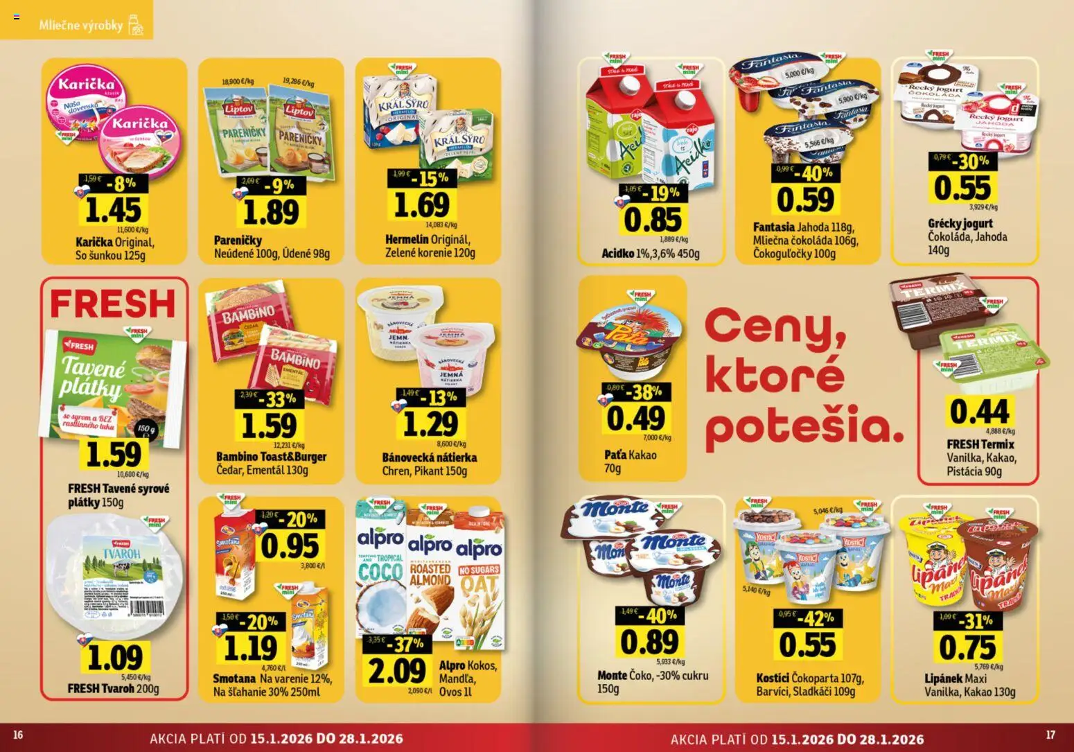 Nové Fresh akcie – leták je platný od 15.01.2026 | Strana: 9 | Produkty: Čokoláda, Tvaroh, Korenie, Alpro