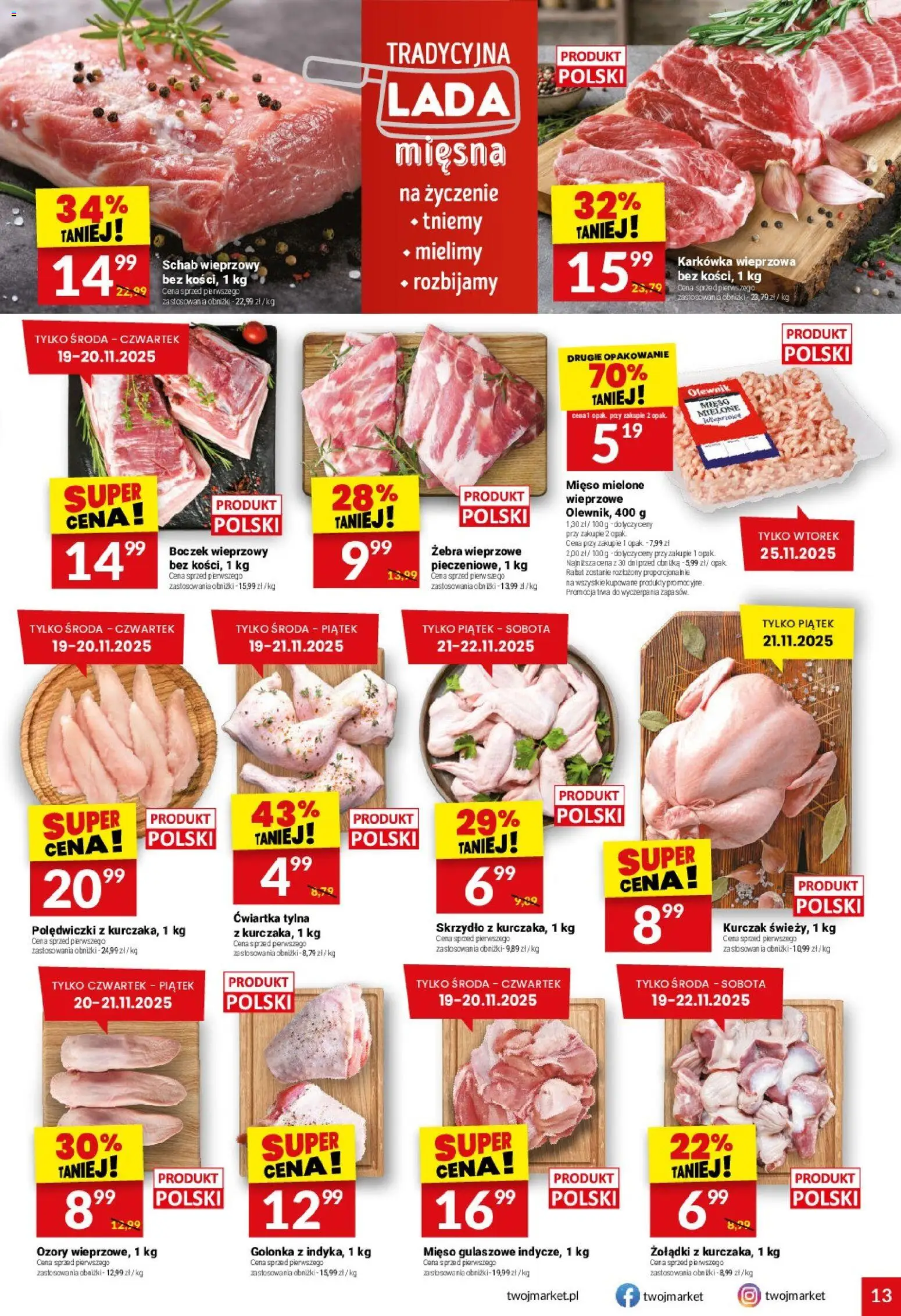 Twój Market Gazetka od 19.11.2025 | Strona: 13 | Produkty: Karkówka, Kurczak, Mięso, Boczek