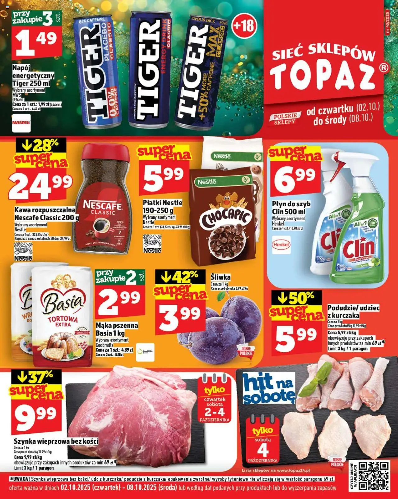 Topaz Gazetka MAZ od 02.10.2025 | Strona: 1 | Produkty: Nescafe, Kawa rozpuszczalna, Szynka, Kawa