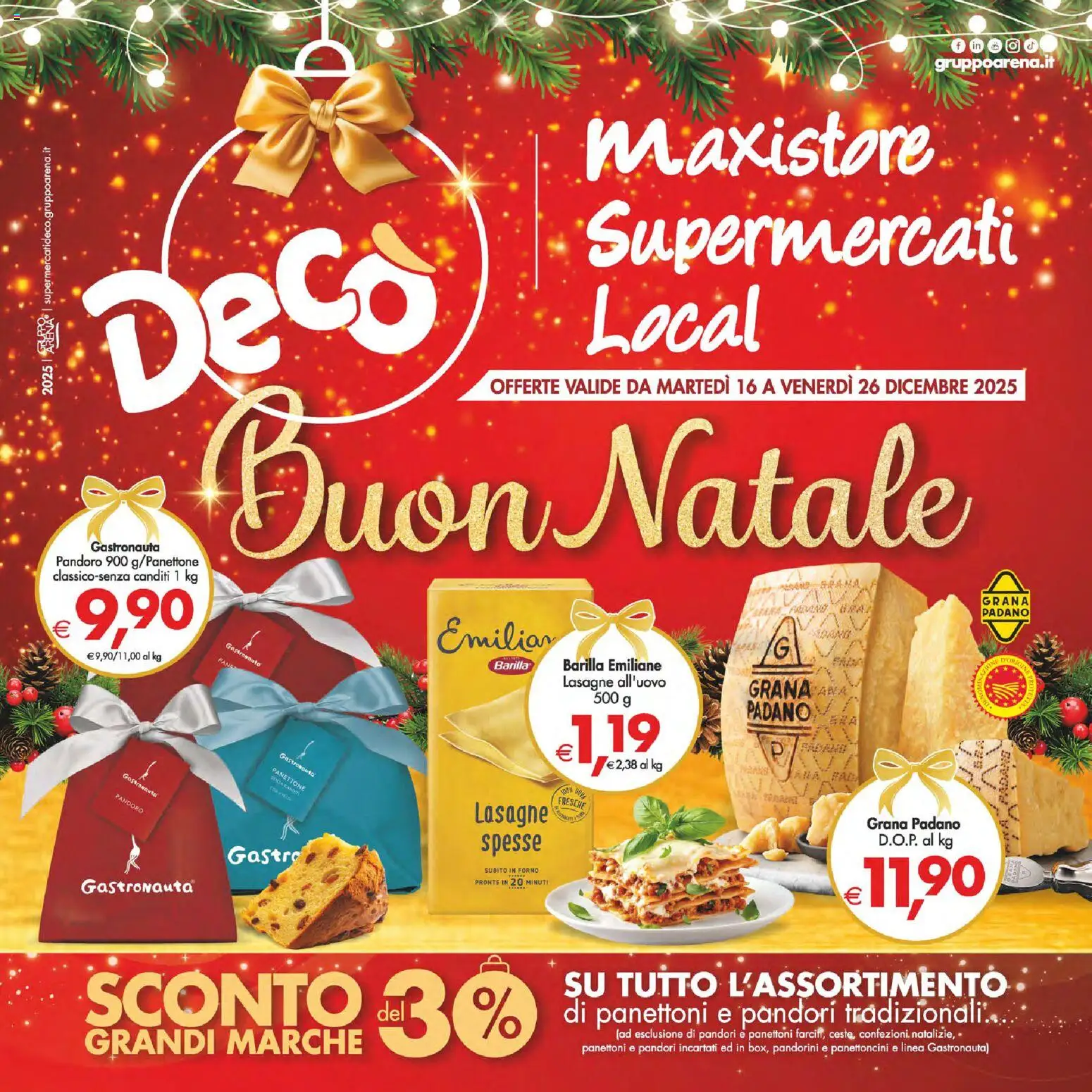 Volantino Decò del 16.12.2025 | Pagina: 1 | Prodotti: Pandoro, Panettone, Grana Padano, Forno