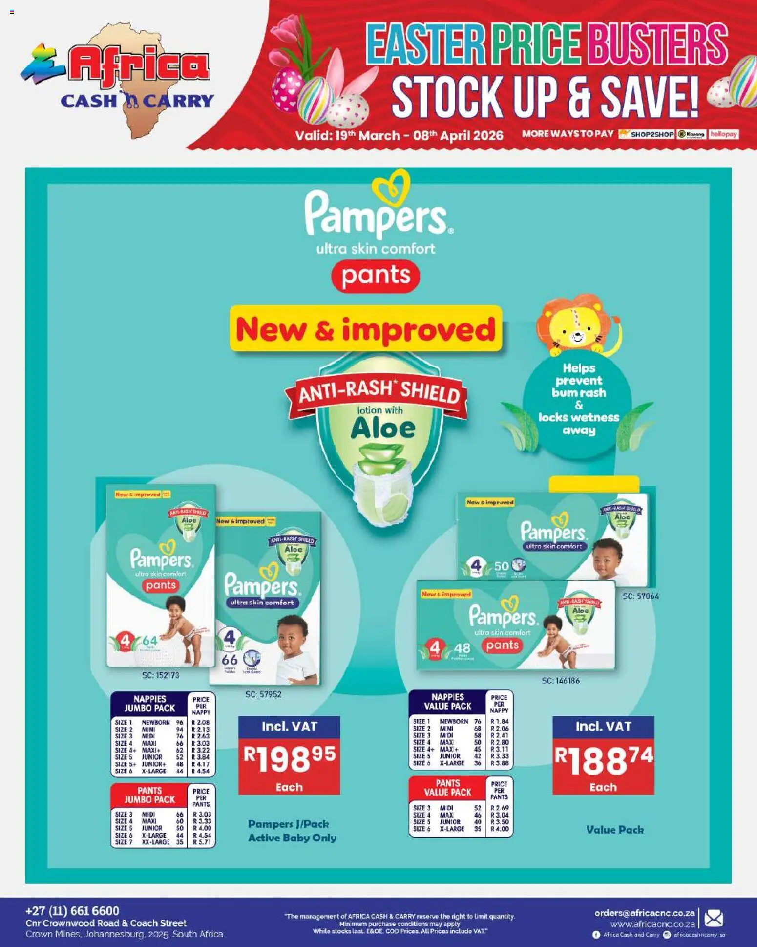 New Africa Cash & Carry catalogue – valid from 19.03.2026 | Page: 44 | Products: Pants, Stock, Nappies, Lotion