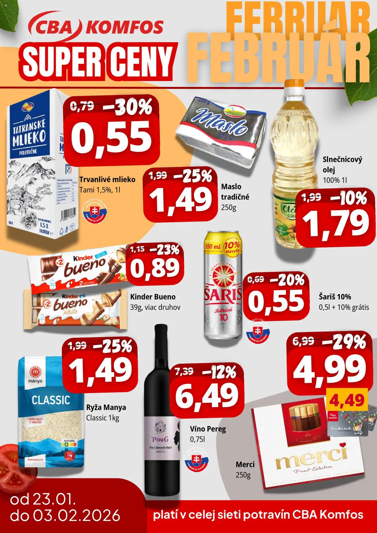 Nové CBA Komfos akcie – leták je platný od 23.01.2026 | Strana: 1 | Produkty: Mlieko, Kinder Bueno, Šariš, Trvanlivé mlieko