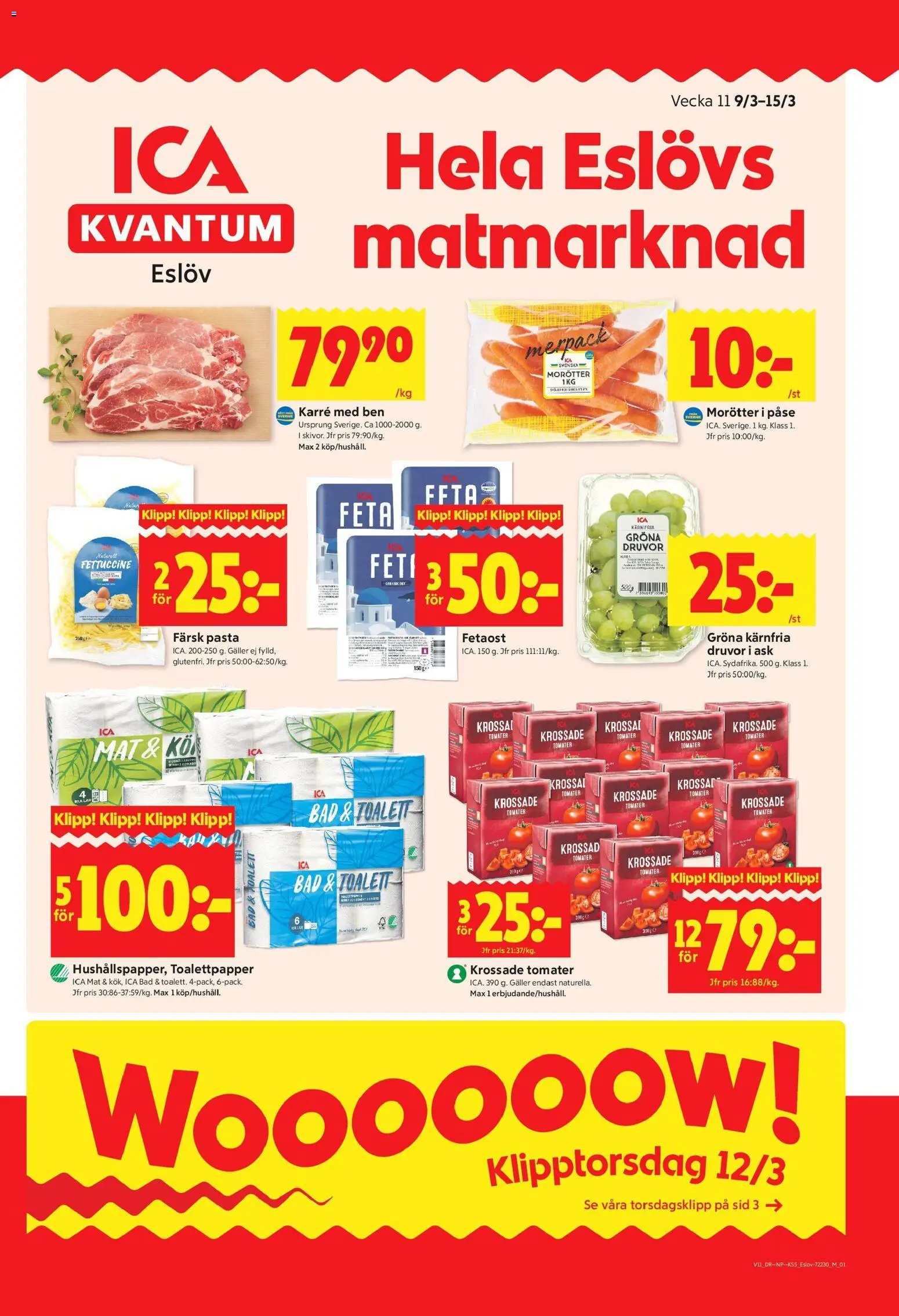 ICA Kvantum reklamblad aktuell från 09.03.2026 | Sida: 1 | Produkter: Krossade tomater, Toalettpapper, Galler, Fetaost