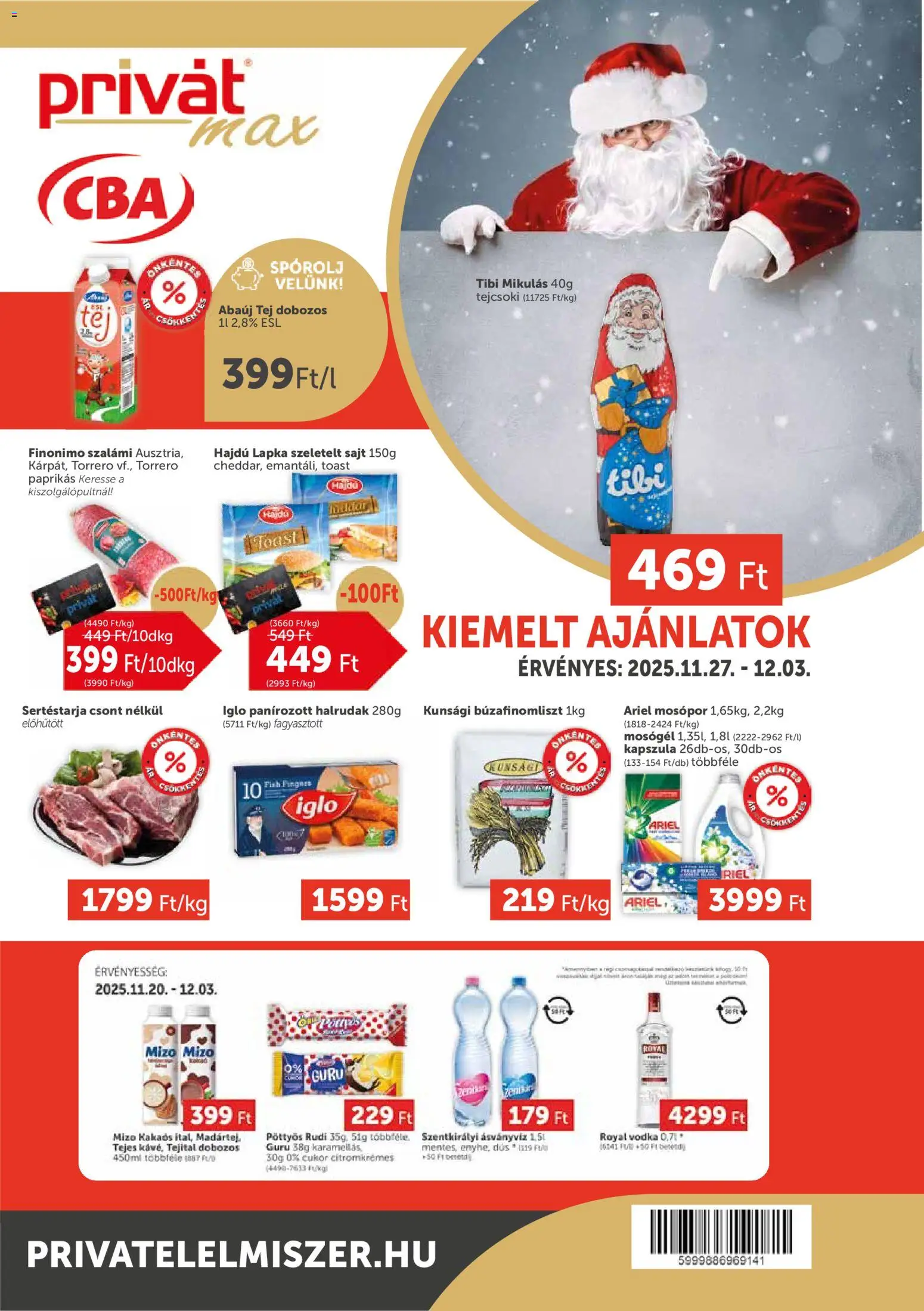 PRIVÁT akciós ujság - amely érvényes a következő dátumtól: 27.11.2025 | Oldal: 1 | Termékek: Ariel, Szalámi, Vodka, Szeletelt sajt