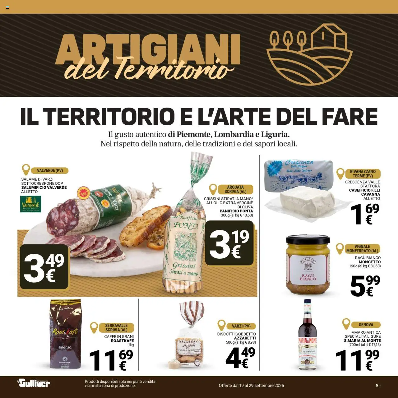 Volantino Gulliver del 19.09.2025 | Pagina: 9 | Prodotti: Salame, Biscotti, Caffè in grani, Crescenza