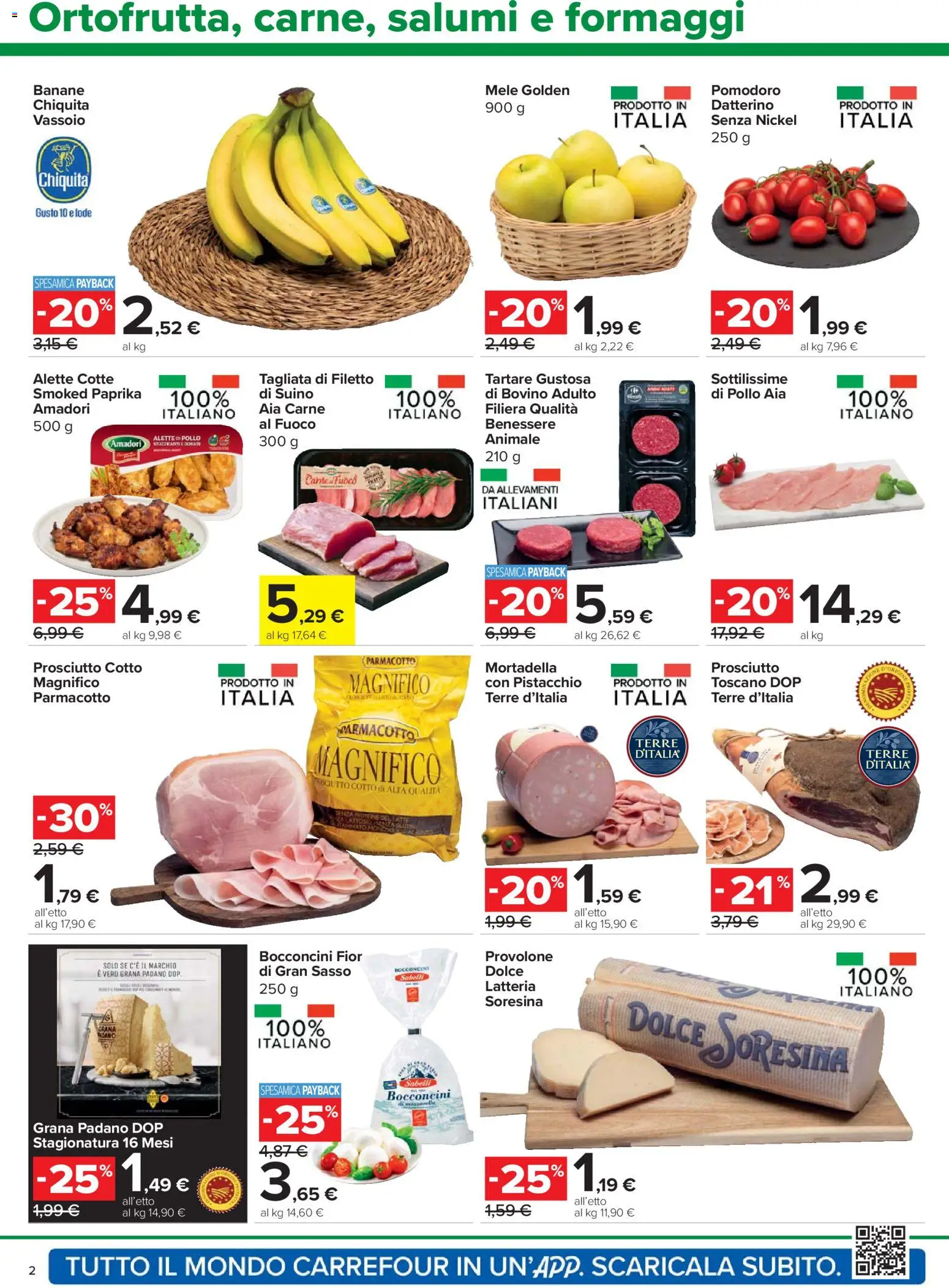 Volantino Carrefour del 23.04.2026 | Pagina: 2 | Prodotti: Prosciutto Cotto, Banane, Prosciutto, Mortadella
