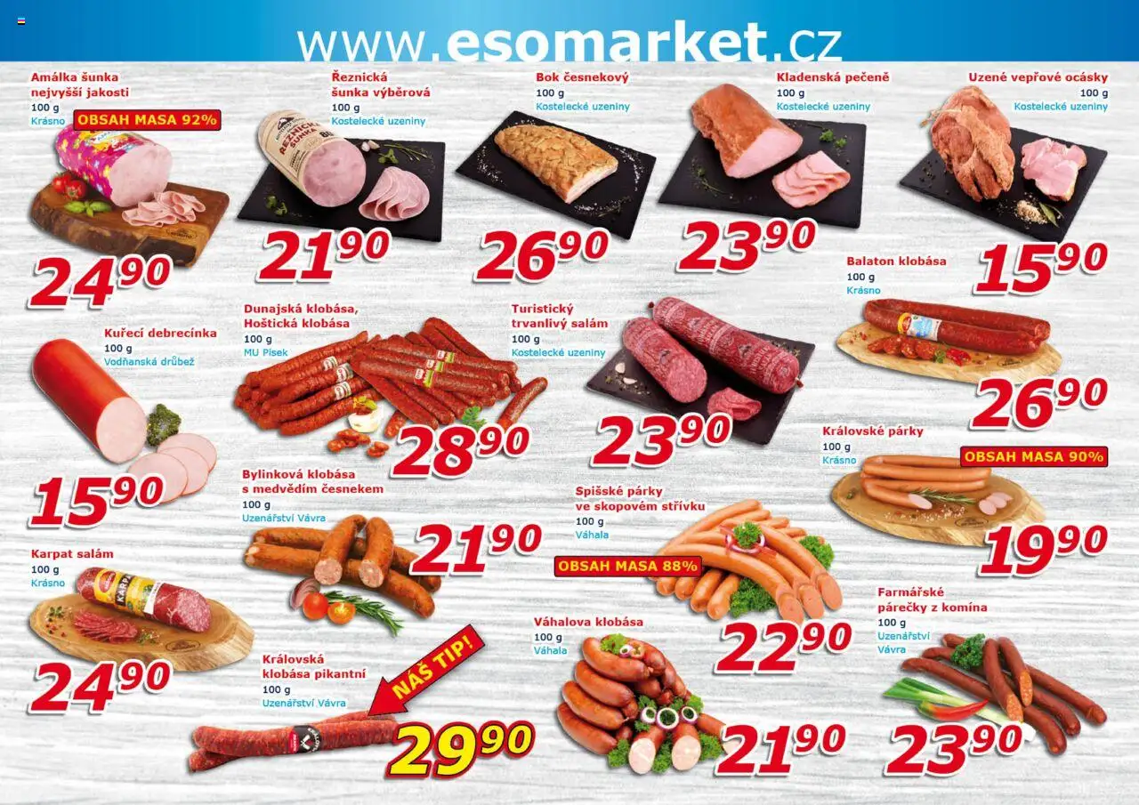Eso market leták od 20.08.2025 | Strana: 2 | Produkty: Salám, Párky, Písek, Klobása