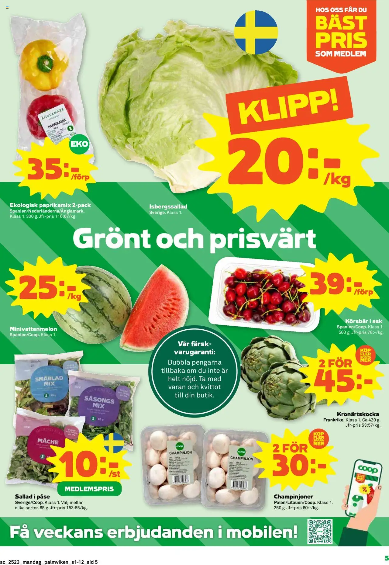 Stora Coop reklamblad aktuell från 02.06.2025 | Sida: 5 | Produkter: Isbergssallad, Champinjoner, Körsbär, Kronärtskocka