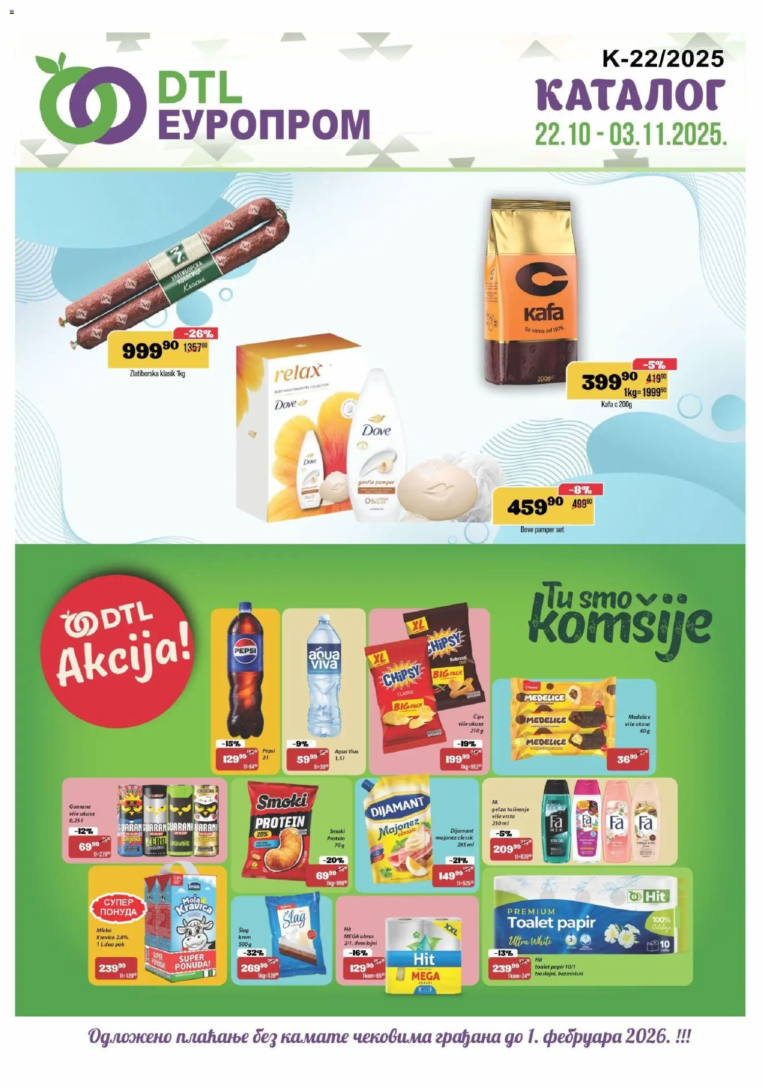 Europrom katalog - važi od 22.10.2025 | Strana: 1 | Proizvode: Majonez, Čips, Toalet papir, Pepsi