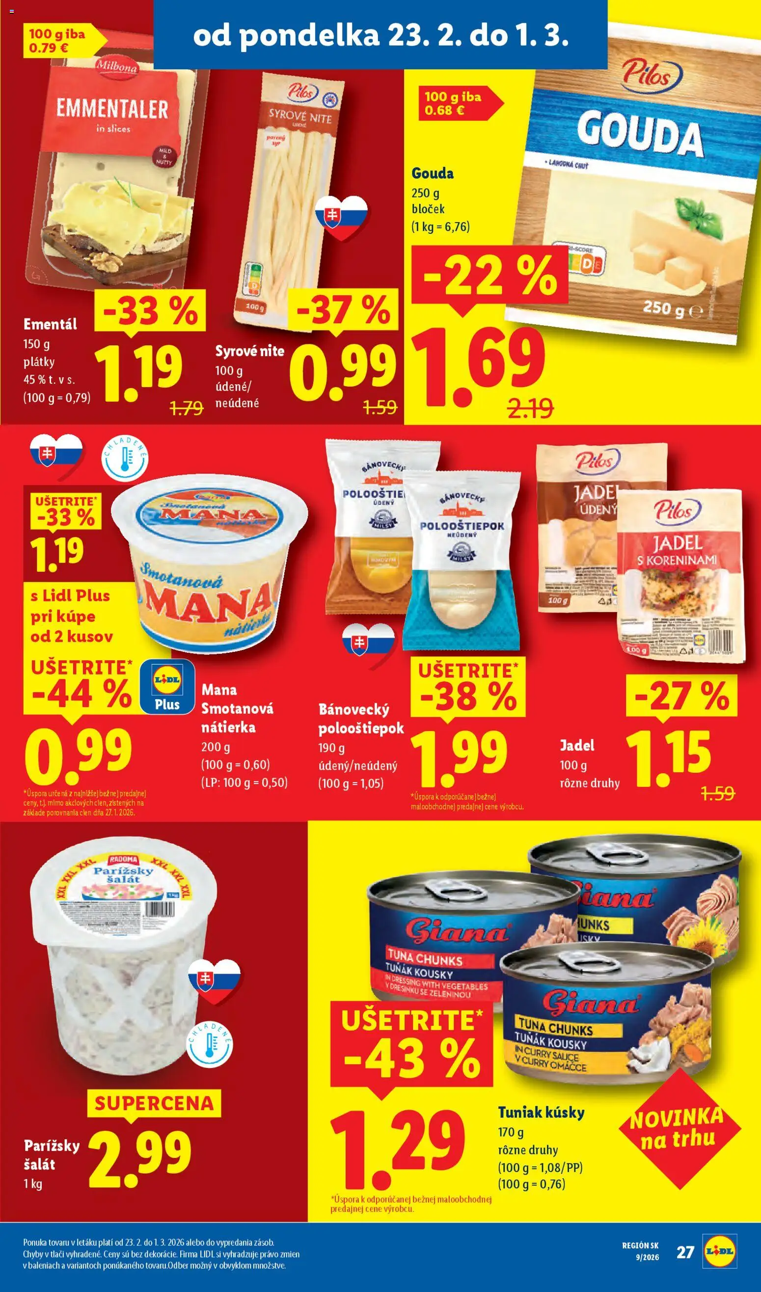 Nové Lidl akcie – leták je platný od 23.02.2026 | Strana: 33 | Produkty: Tuniak, Gouda, Šalát