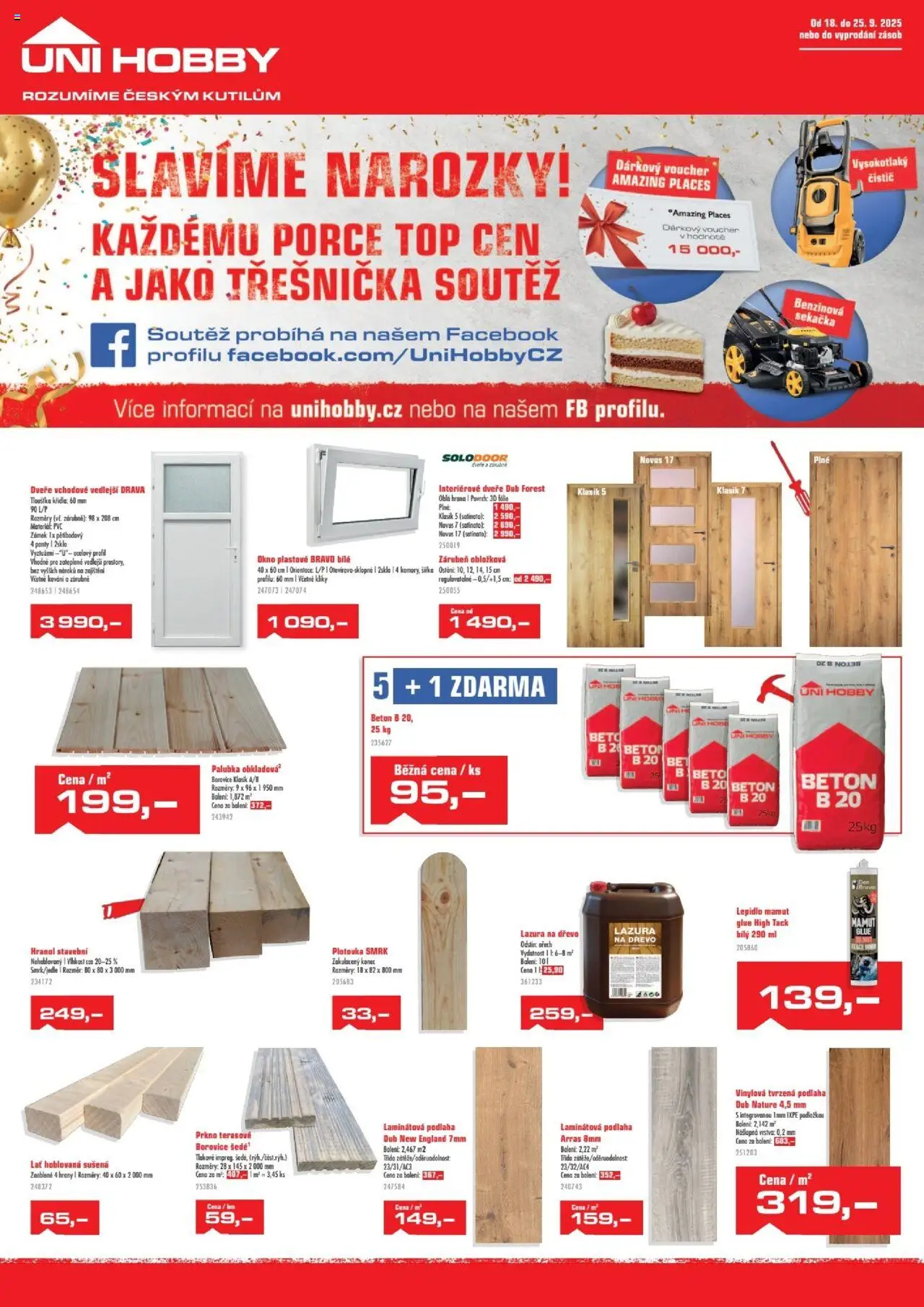 Uni Hobby leták - Narozeniny od 18.09.2025 | Strana: 1 | Produkty: Fólie, Interiérové dveře, Lazura na dřevo, Sekačka