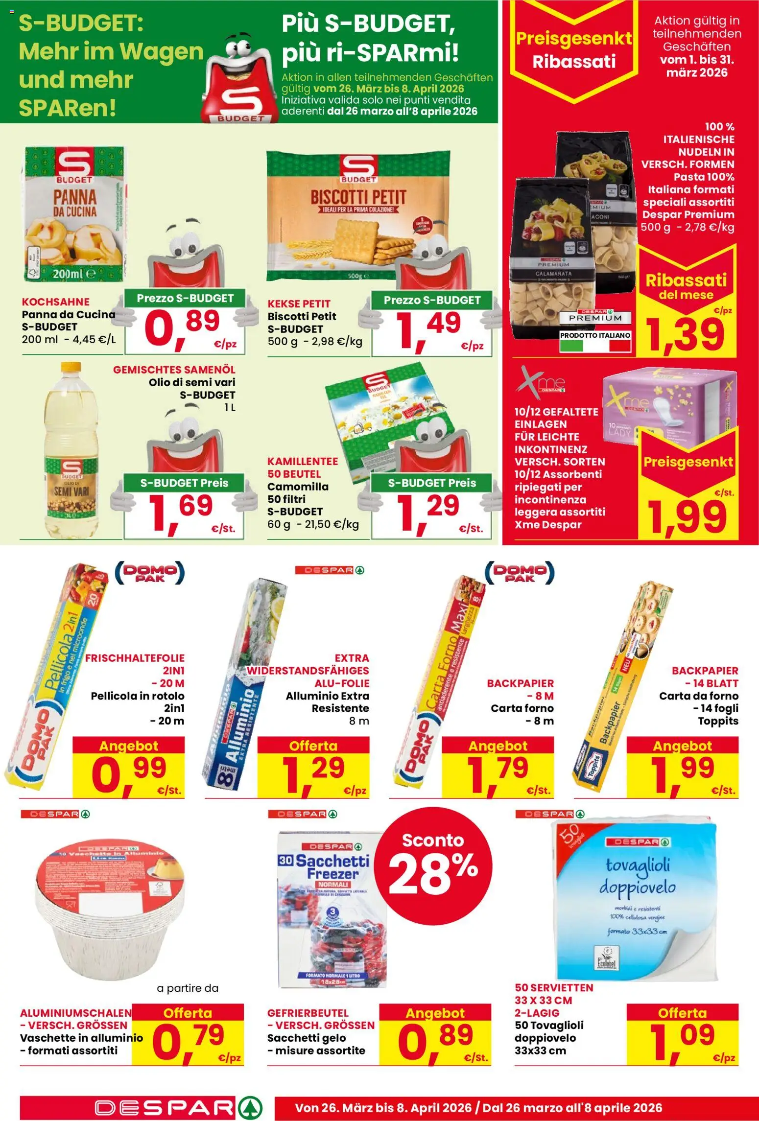 Volantino Despar del 26.03.2026 | Pagina: 18 | Prodotti: Biscotti, Pasta, Forno, Carta forno