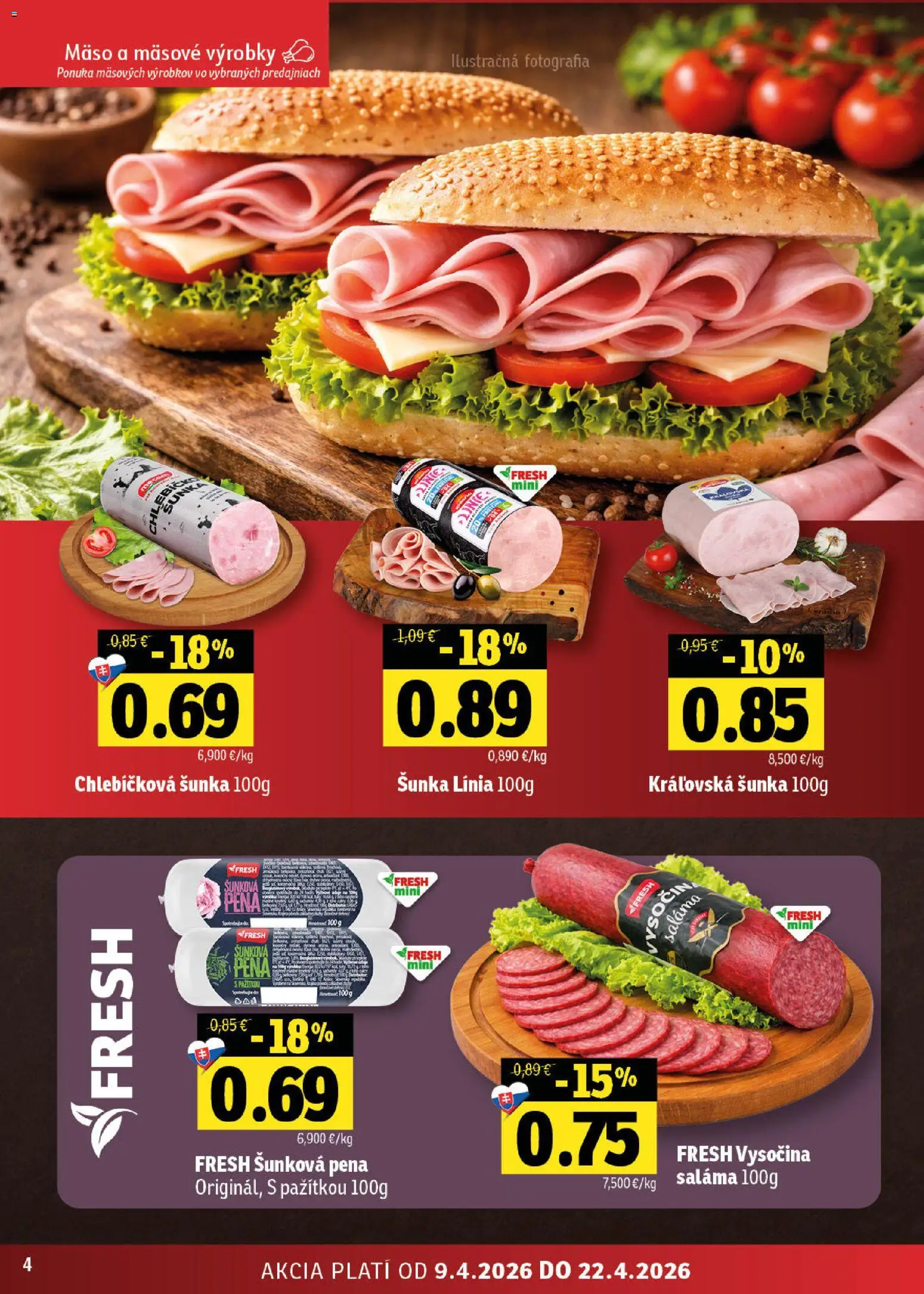Nové Fresh akcie – leták je platný od 09.04.2026 | Strana: 4 | Produkty: Saláma, Šunka