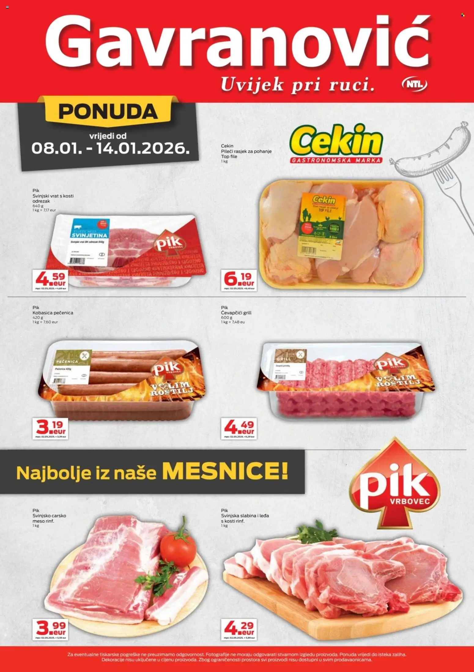 Gavranović katalog | vrijedi od 08.01.2026 | Stranica: 5 | Proizvodi: Svinjski vrat, Meso, Kobasica, Ćevapčići