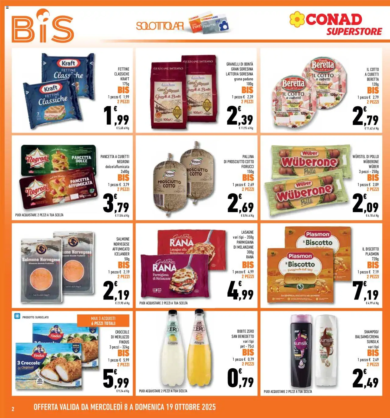 Volantino Conad del 08.10.2025 | Pagina: 2 | Prodotti: Salmone, Pancetta, Wurstel, Grana Padano