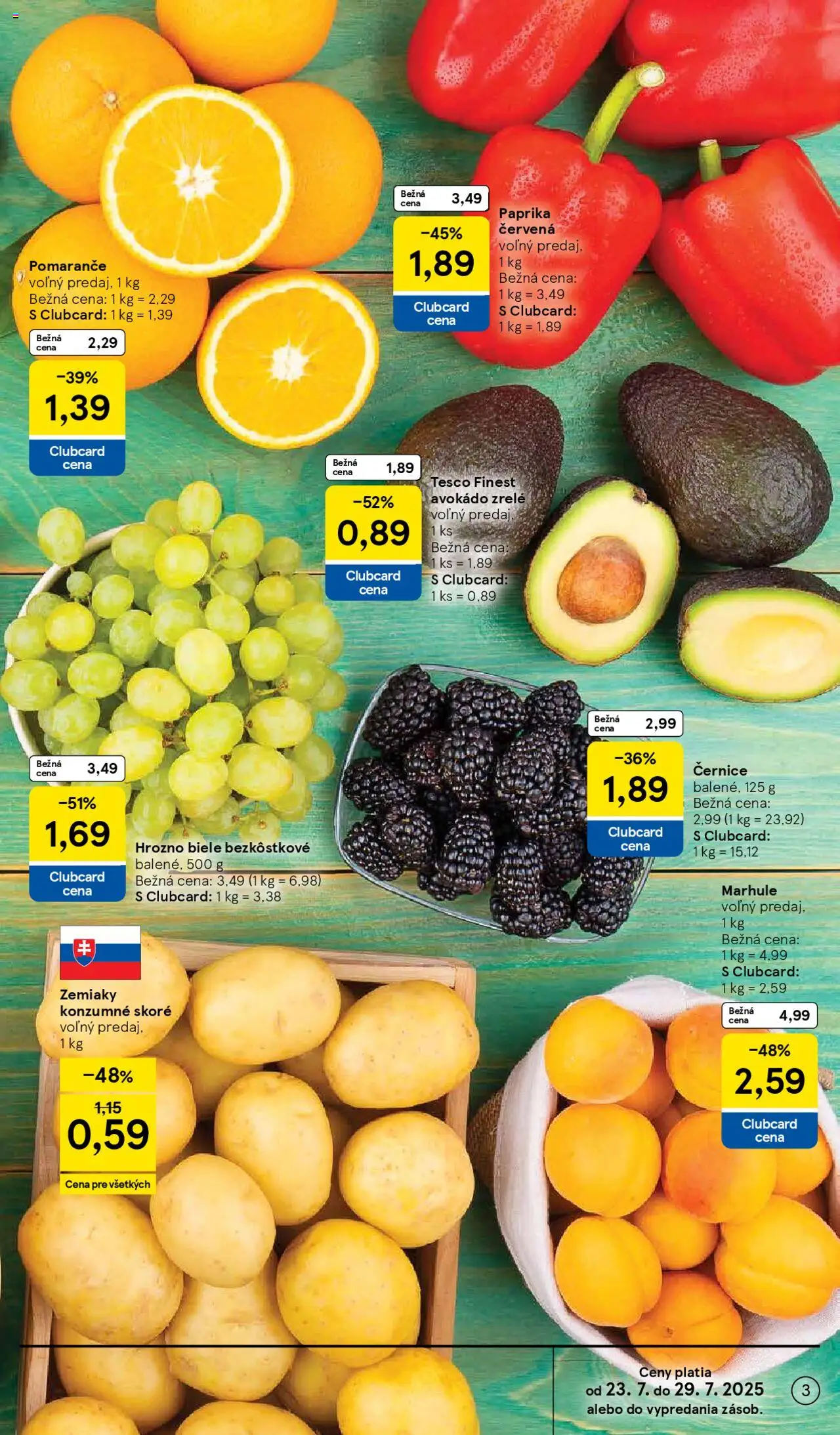 Tesco Supermarket - leták │ platný od 23.07.2025 | Strana: 3 | Produkty: Pomaranče, Avokádo, Zemiaky, Marhule