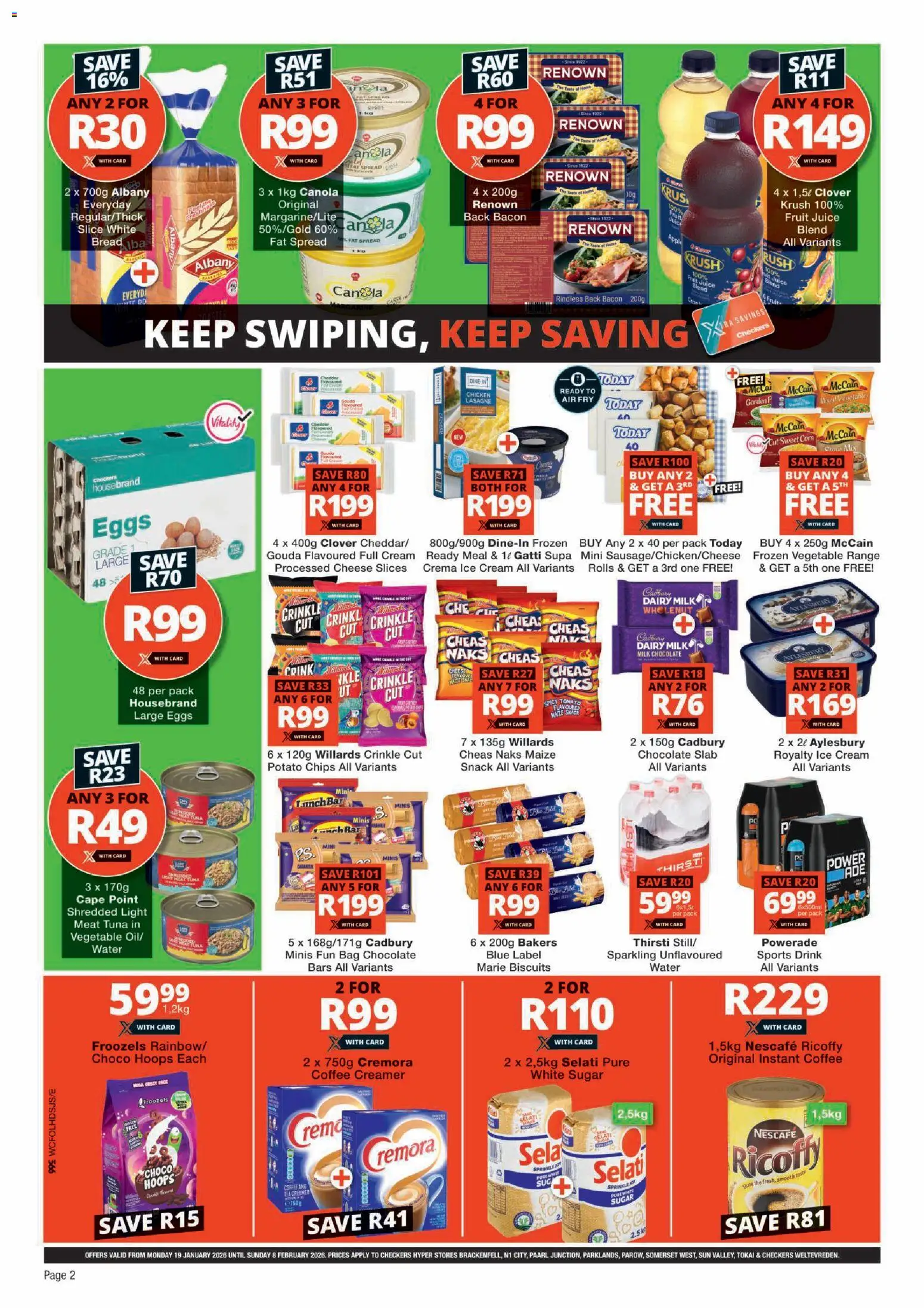 New Checkers catalogue – valid from 19.01.2026 | Page: 2 | Products: Milk, Chocolate, Chicken, Sugar