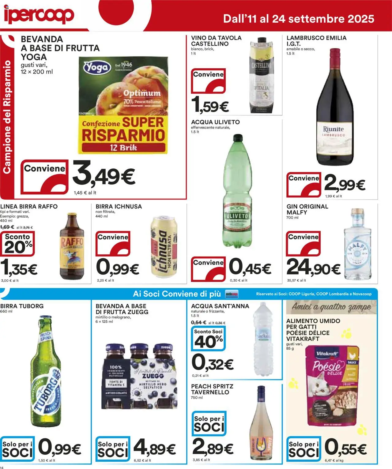 Volantino Ipercoop del 11.09.2025 | Pagina: 14 | Prodotti: Birra, Gin, Frutta, Vino