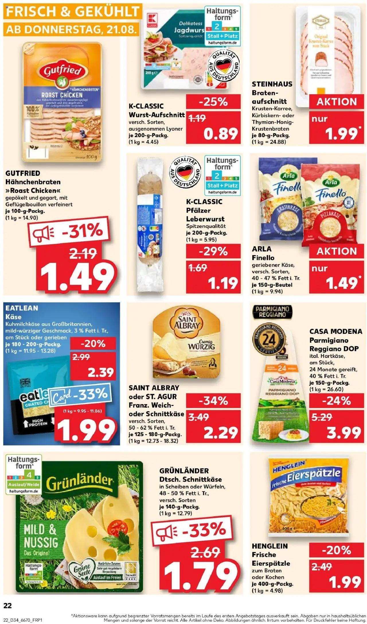 Kaufland prospekt Bergisch Gladbach	 - gültig ab dem 21.08.2025 | Seite: 22 | Produkte: Käse, Krustenbraten, Grunlander