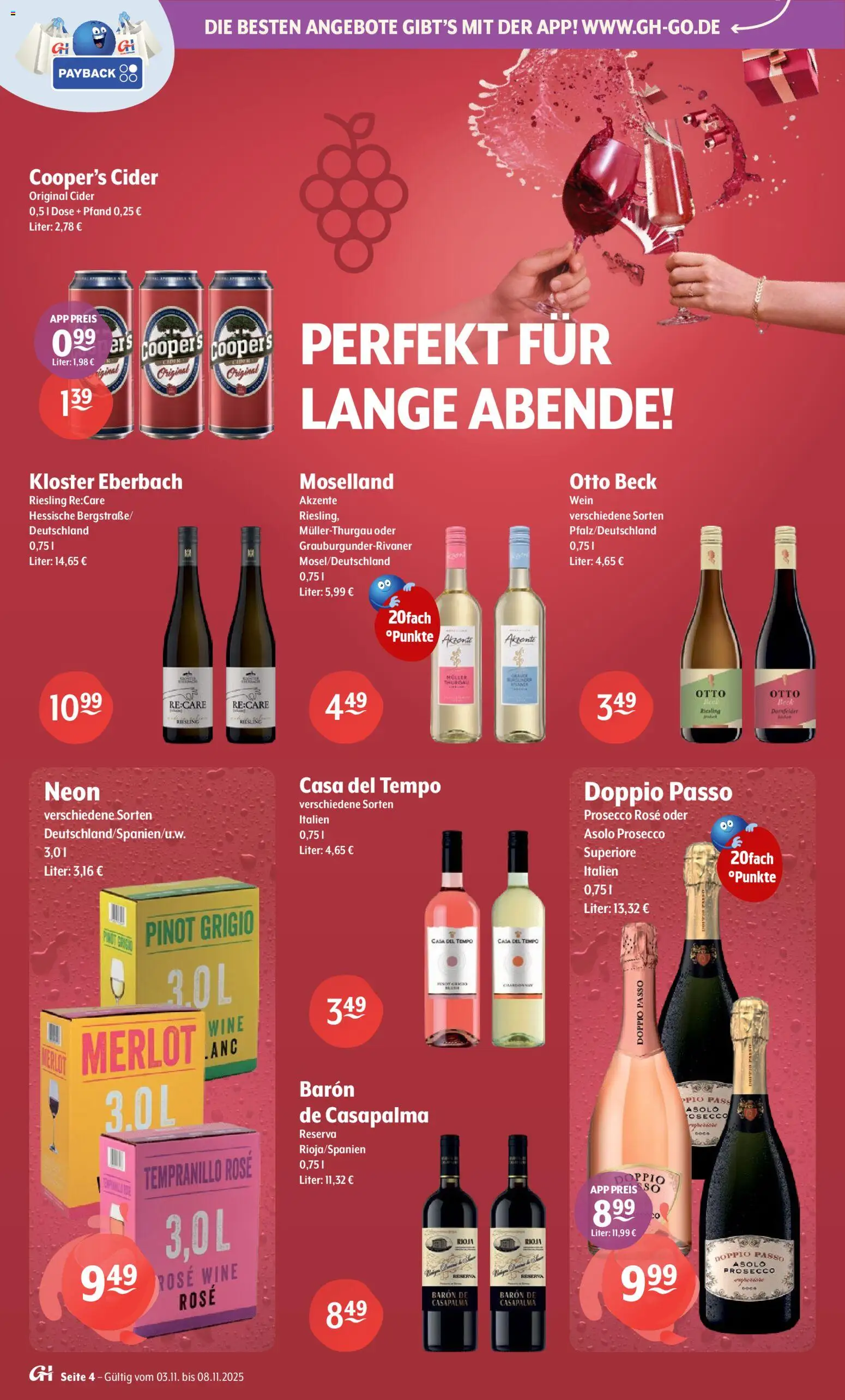 Trink und Spare Prospekt – gültig ab 03.11.2025 | Seite: 4 | Produkte: Merlot, Prosecco, Tempo, Wein