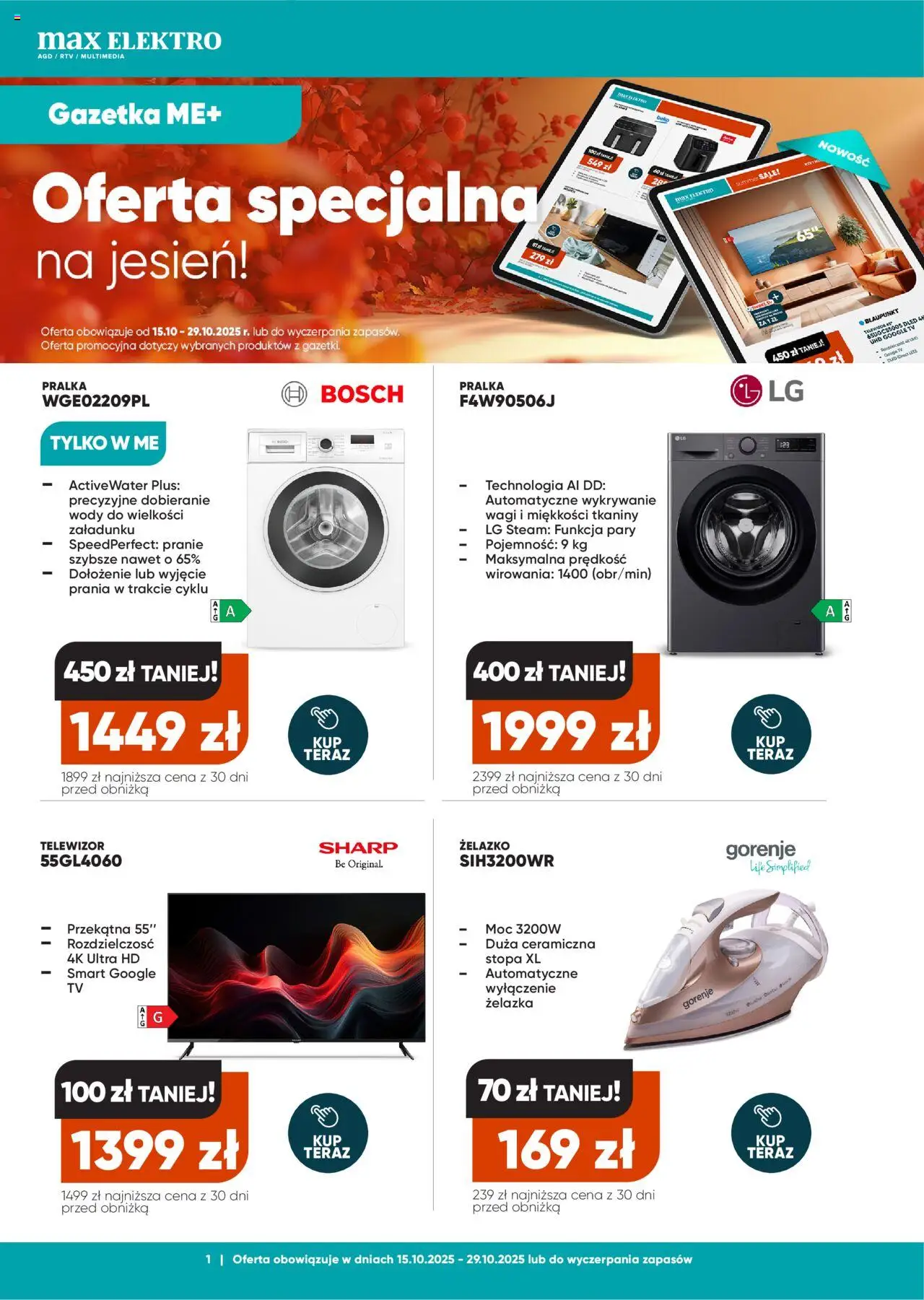 Max elektro Gazetka od 15.10.2025 | Strona: 1 | Produkty: Telewizor, Pralka