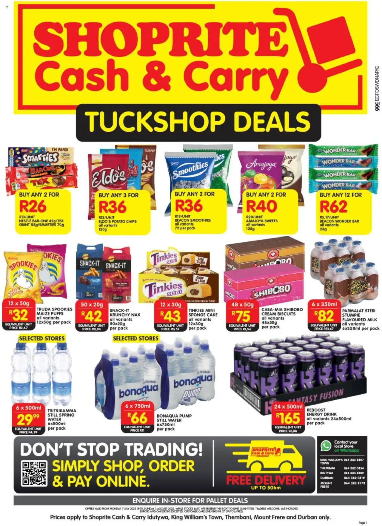 Shoprite Eastern Cape - Cash & Carry Tuckshop Deals Idutywa, King William's Town & Thembani │ valid from 07.07.2025 | Page: 1 | Products: Biscuits, Chips, Cream, Water