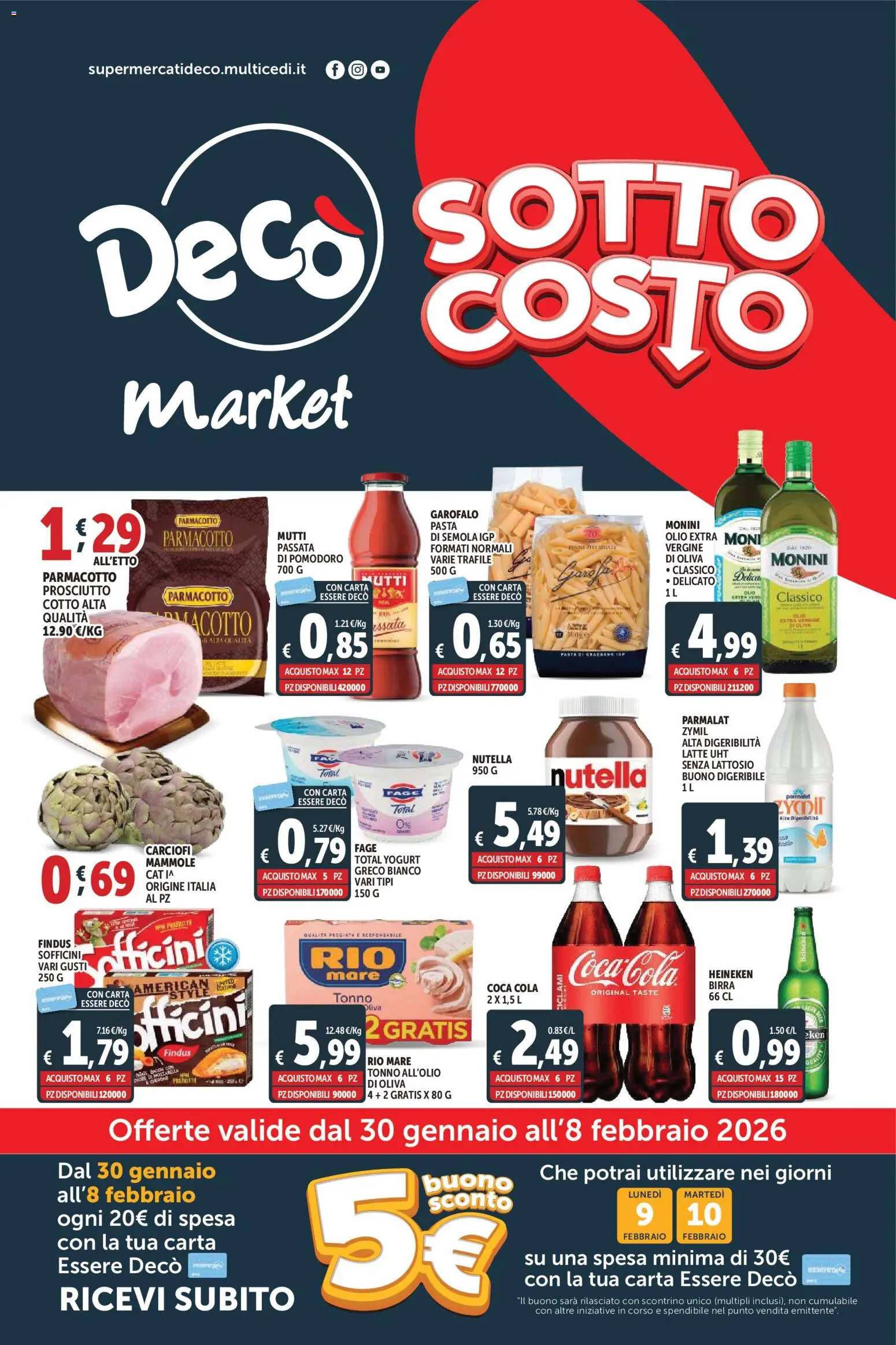 Volantino Decò del 30.01.2026 | Pagina: 1 | Prodotti: Pasta, Nutella, Tonno, Coca Cola