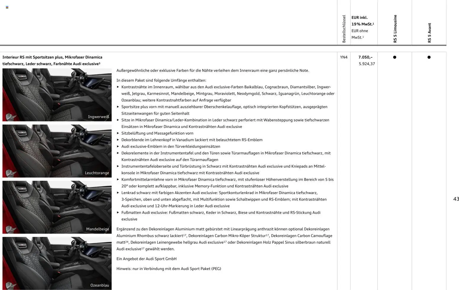 Audi RS 5 Limousine / RS 5 Avant – gültig ab 01.04.2026 | Seite: 43