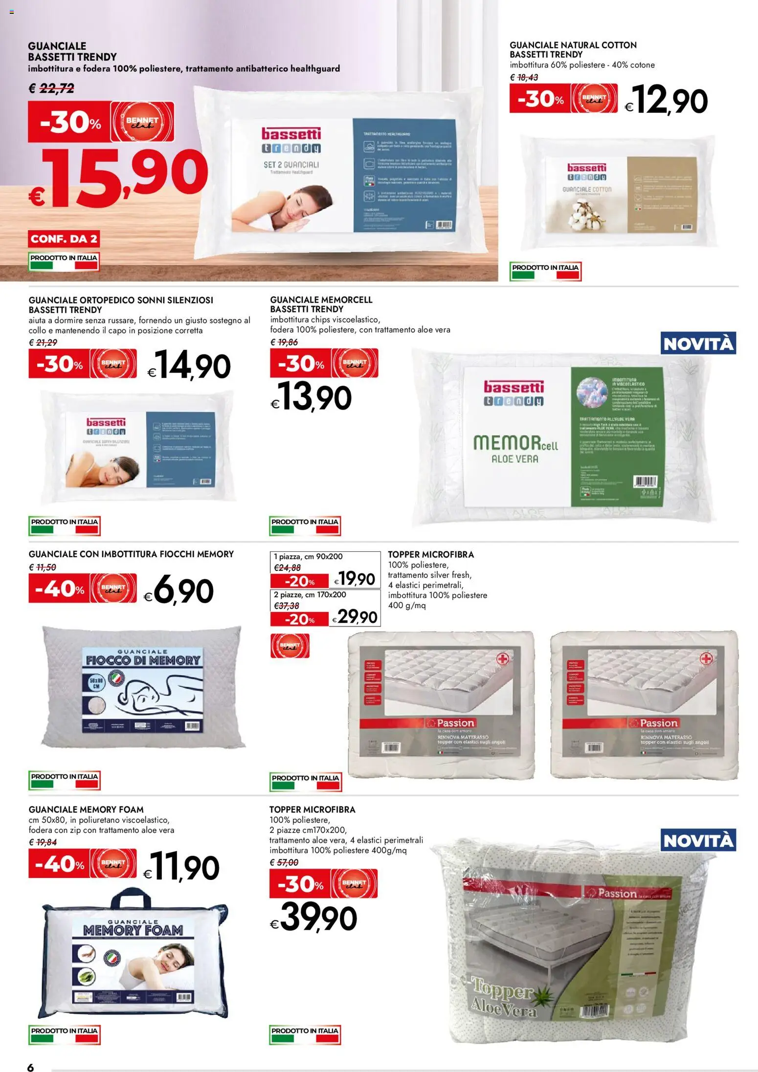 Volantino bennet del 02.01.2026 | Pagina: 6 | Prodotti: Fiocchi, Aloe vera, Materasso, Guanciale