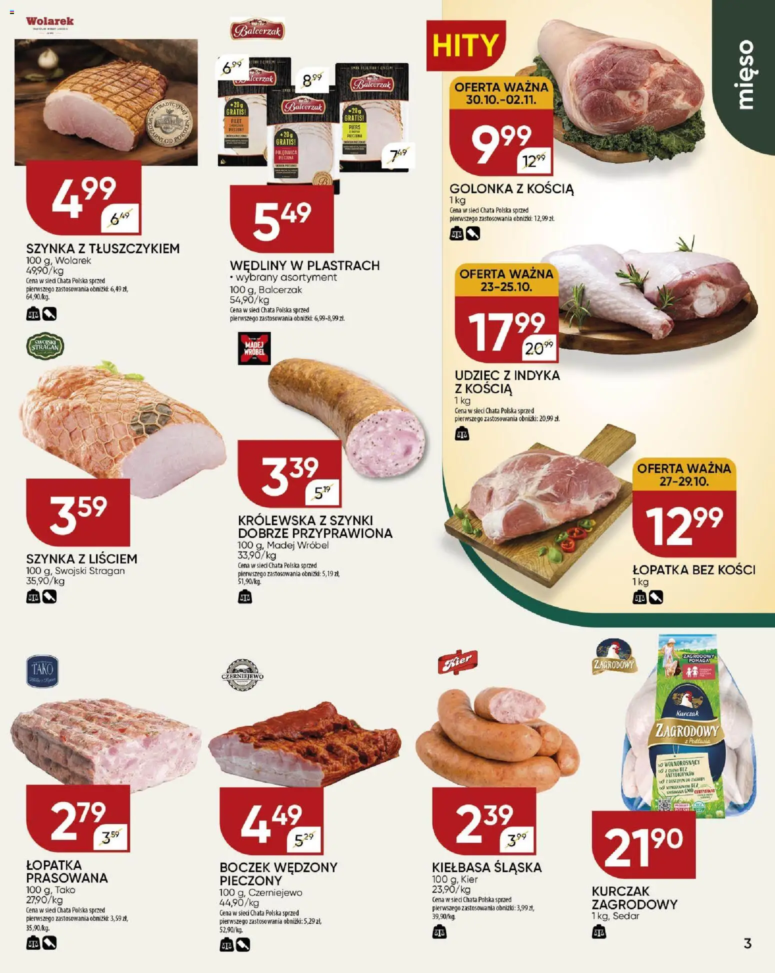 Chata Polska Gazetka od 23.10.2025 | Strona: 3 | Produkty: Kiełbasa, Szynka, Kurczak zagrodowy, Wędliny