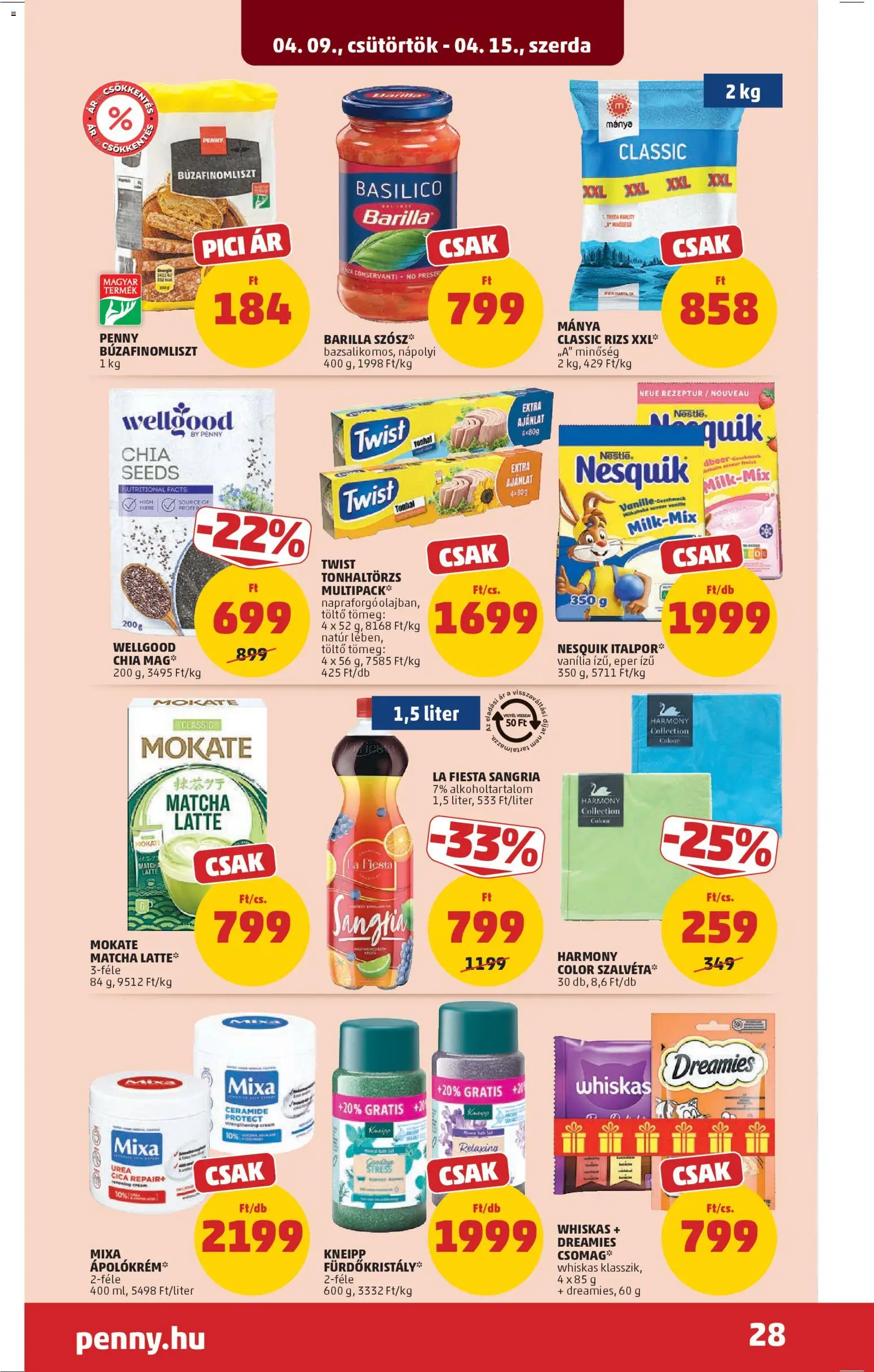 PENNY akciós ujság - amely érvényes a következő dátumtól: 09.04.2026 | Oldal: 32 | Termékek: Sangria, Whiskas, Nesquik, Rizs