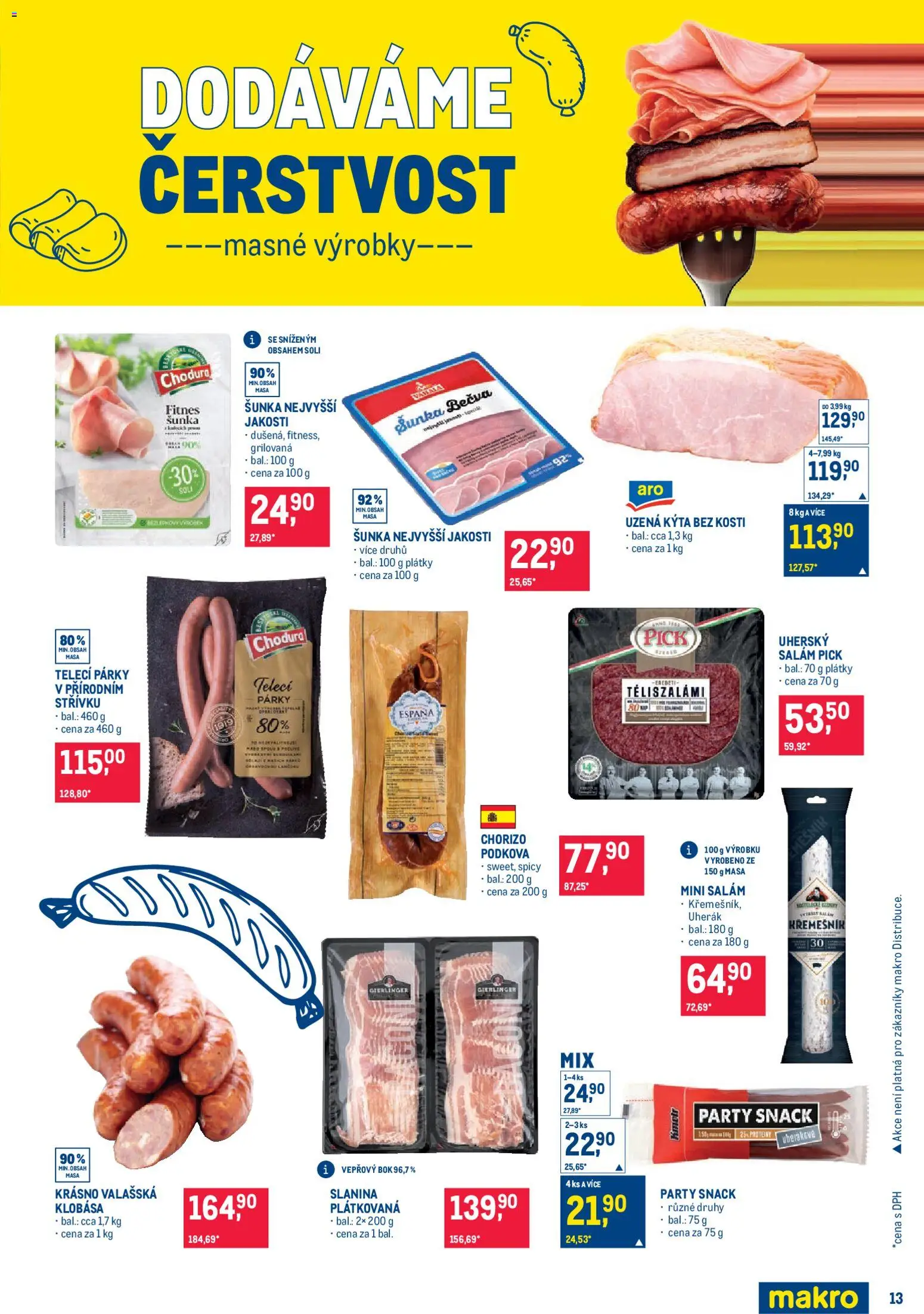 Makro leták - Pro milovníky jídla od 11.03.2026 | Strana: 13 | Produkty: Šunka, Klobása, Uzená kýta, Chorizo