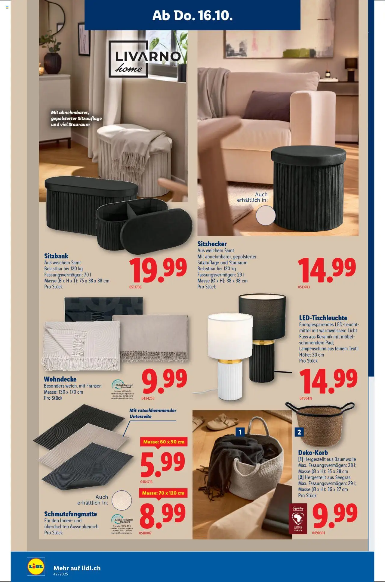 Lidl Aktionen – gültig ab 16.10.2025 | Seite: 22 | Produkte: Sitzbank, Lampenschirm, Schmutzfangmatte