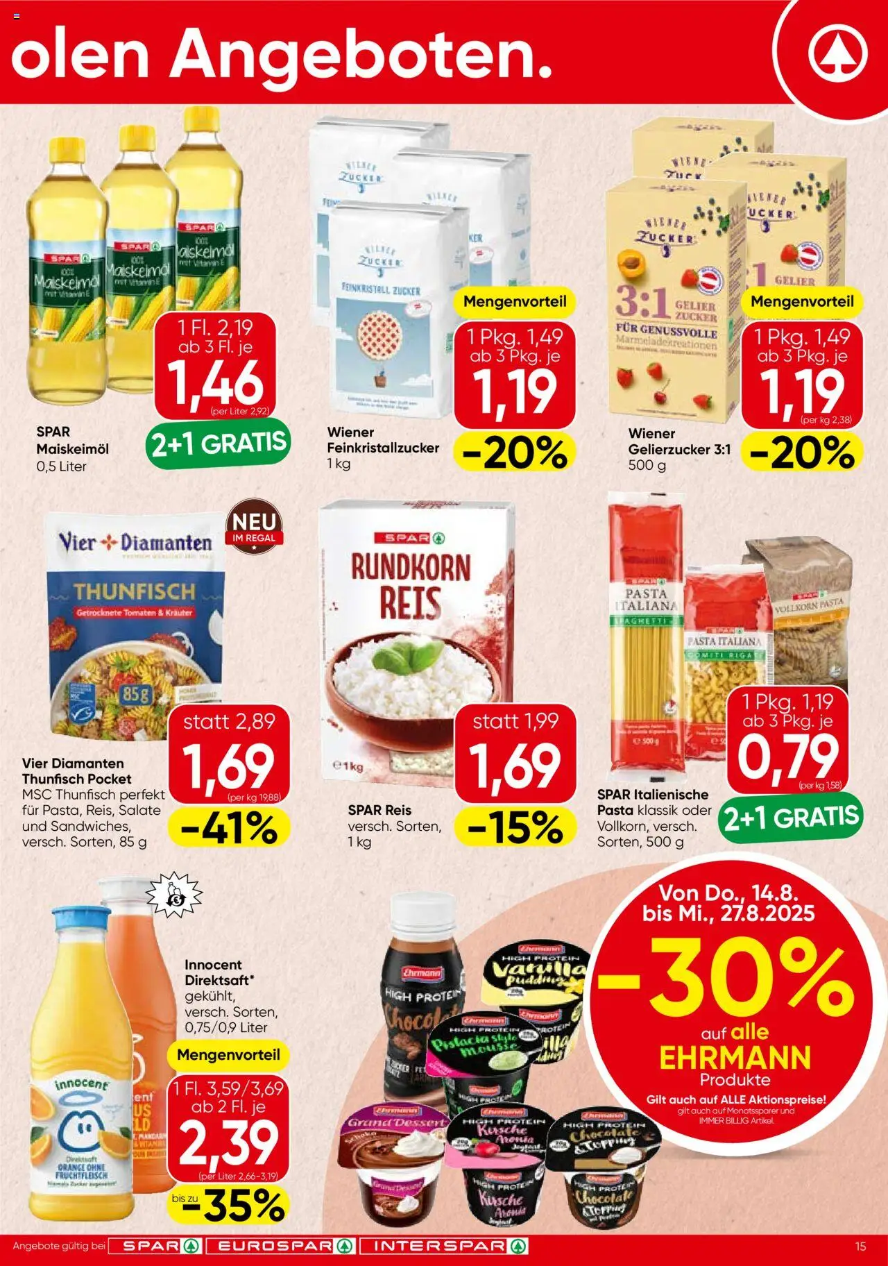 Spar Flugblatt - Vorarlberg gültig ab 14.08.2025 | Seite: 15 | Produkte: Pasta, Regal, Tomaten, Reis