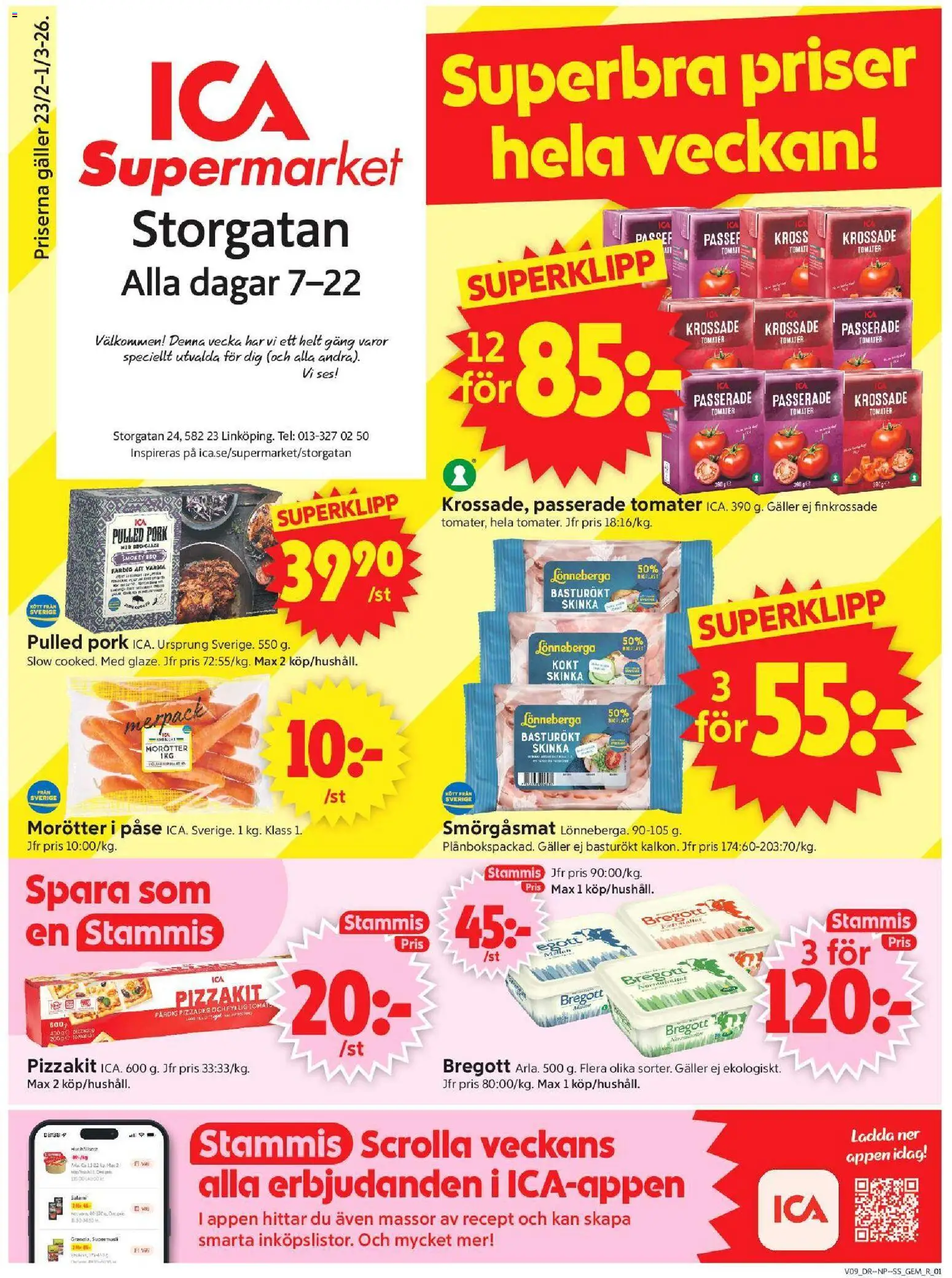 ICA Supermarket reklamblad aktuell från 23.02.2026 | Sida: 1 | Produkter: Krossade tomater, Bregott, Skinka, Pizzakit