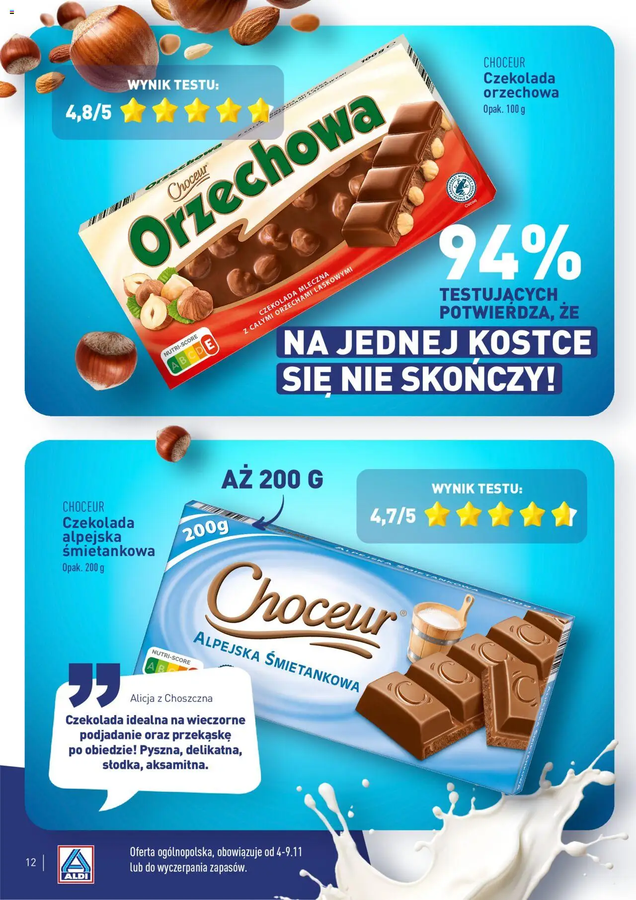 Aldi Gazetka - Wielki test od 04.11.2024 | Strona: 12 | Produkty: Czekolada mleczna, Czekolada