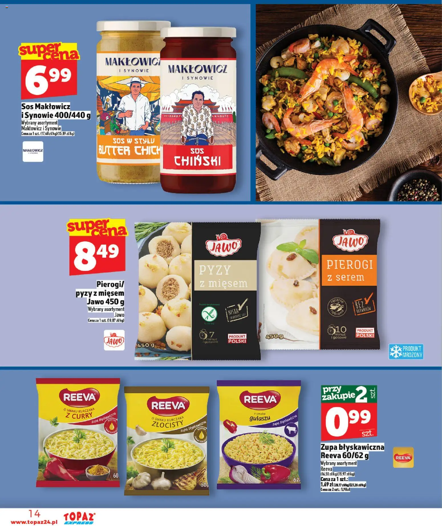 Topaz Gazetka - Express od 22.01.2026 | Strona: 14 | Produkty: Kurczak, Pierogi, Zupa, Sos