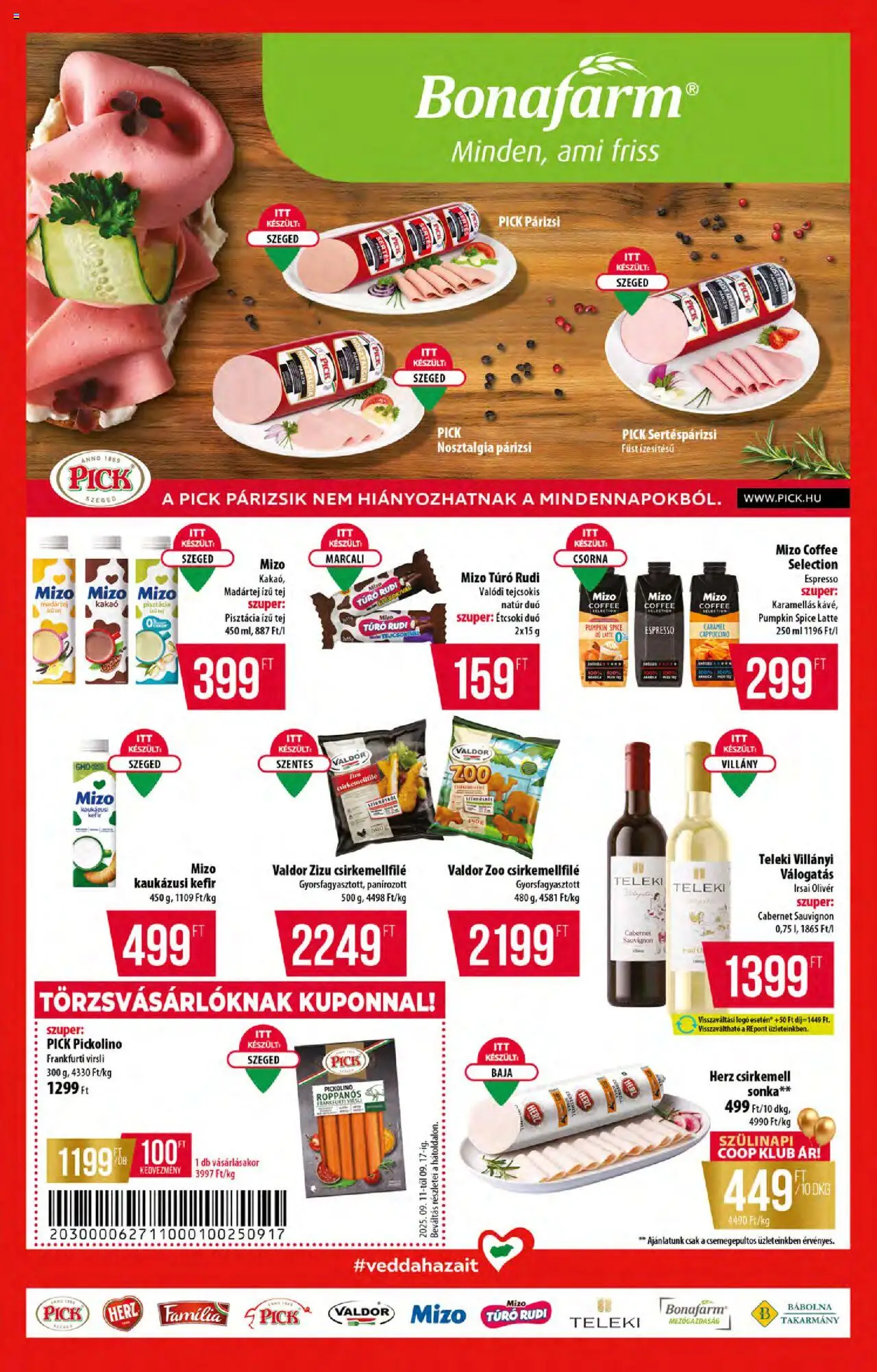 COOP akciós ujság - amely érvényes a következő dátumtól: 11.09.2025 | Oldal: 4 | Termékek: Kefir, Pick, Frankfurti virsli, Tej
