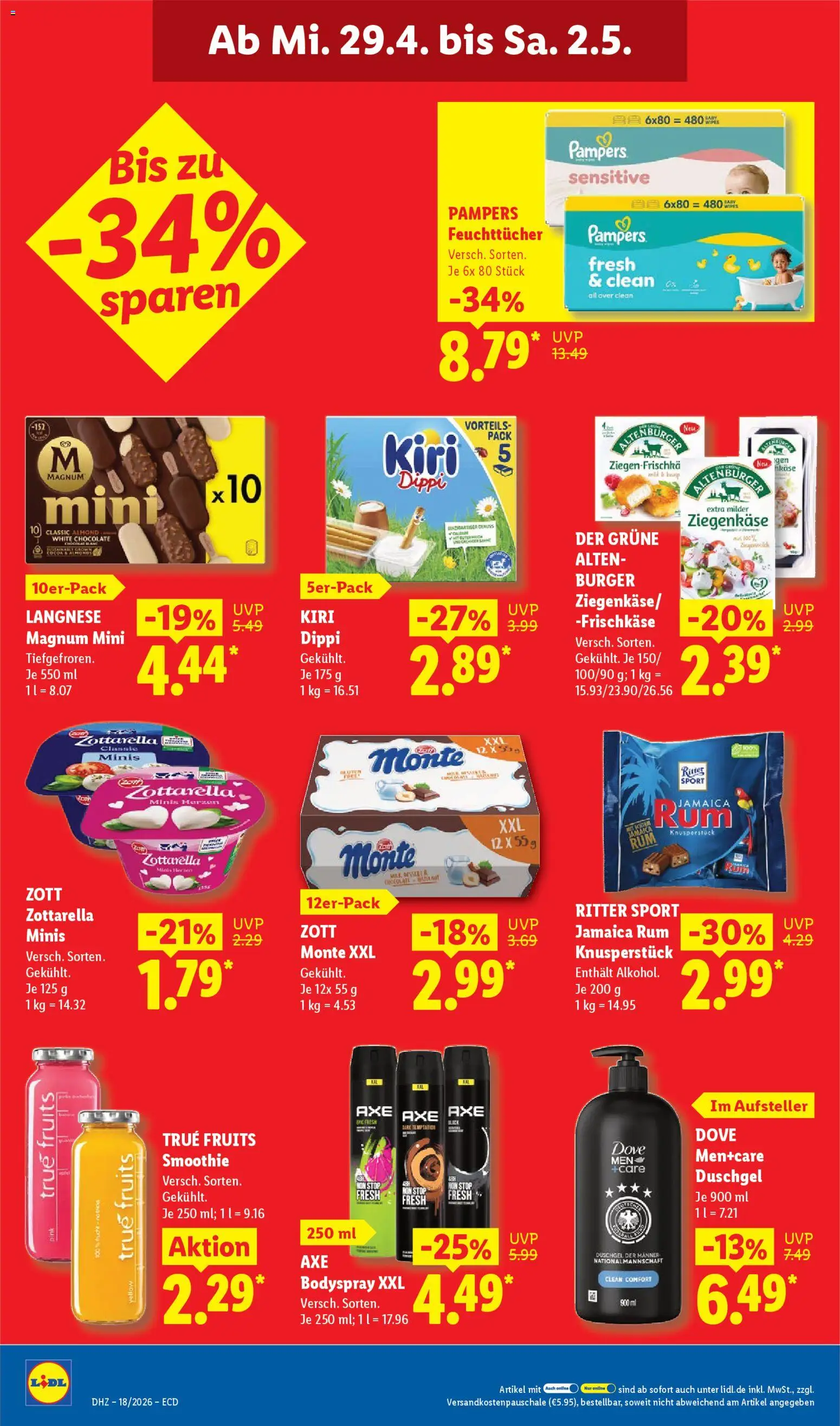 Lidl Prospekt – gültig ab 27.04.2026 | Seite: 64 | Produkte: Pampers, Burger, Duschgel, Frischkase