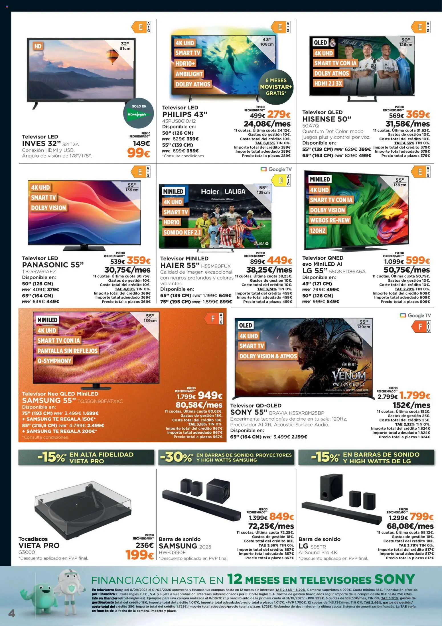 El Corte Inglés Black Friday │ válido desde el 10.11.2025 | Página: 4 | Productos: Barras de sonido, Καλαμάρι, Té, Televisor