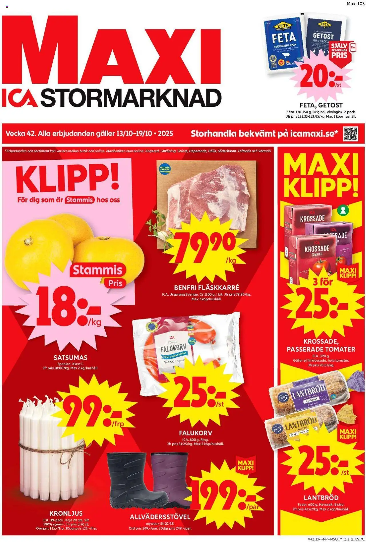 ICA Maxi reklamblad aktuell från 13.10.2025 | Sida: 1 | Produkter: Krossade tomater, Getost, Lantbröd, Tomater